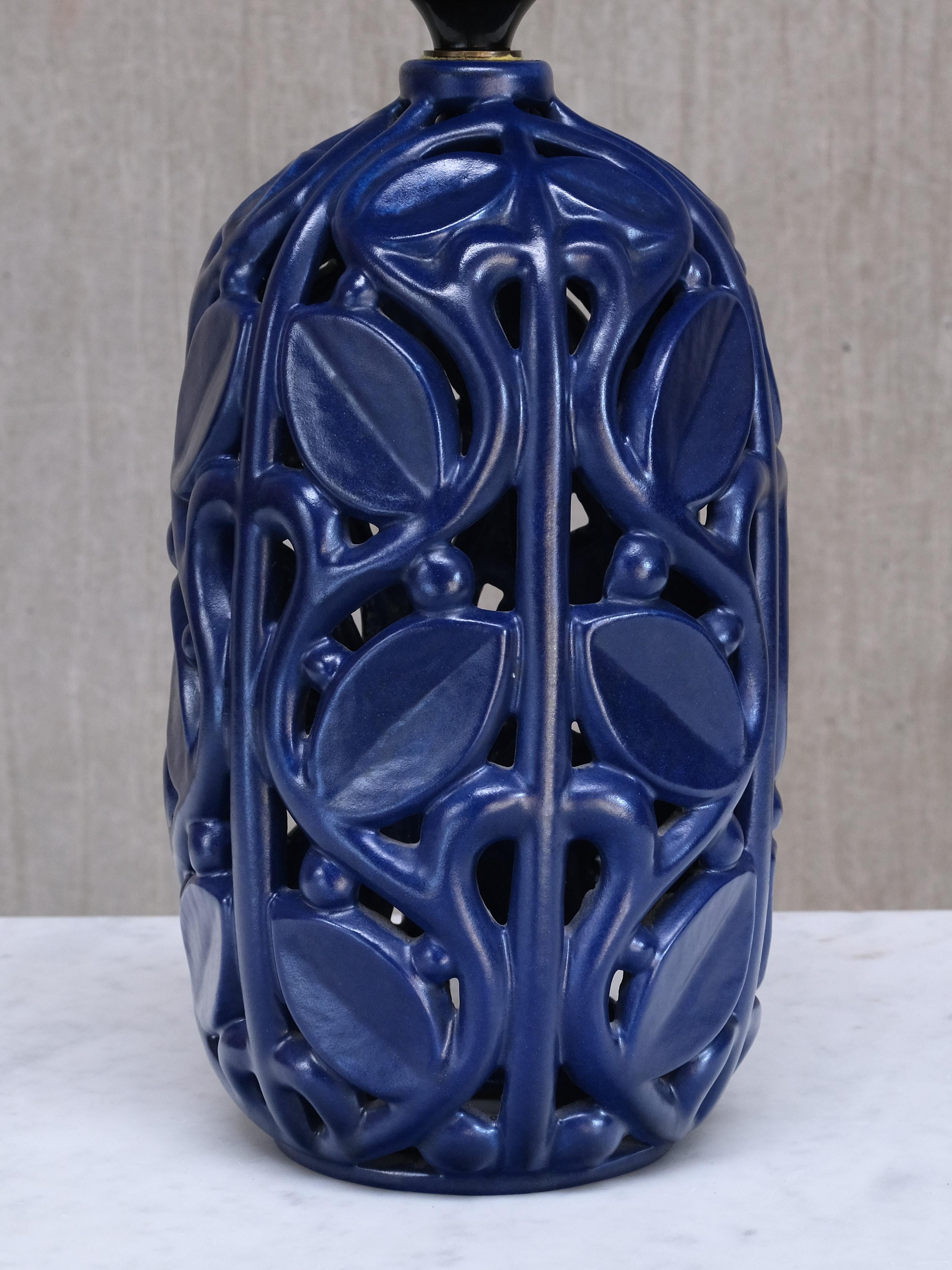 Glazed Michael Andersen Blue Ceramic Table Lamp with Botanical Openwork Relief, 1940s For Sale