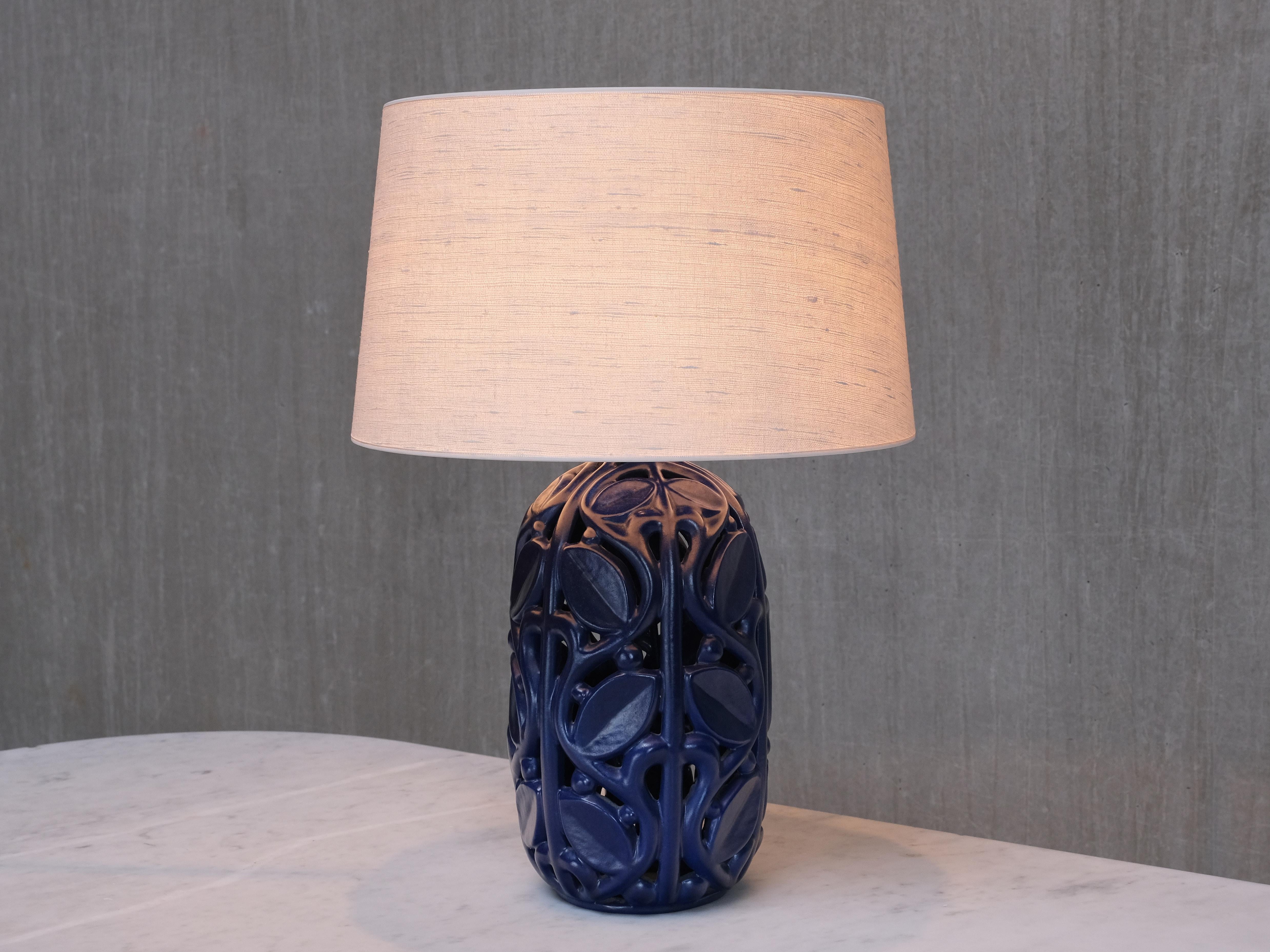 Michael Andersen Blue Ceramic Table Lamp with Botanical Openwork Relief, 1940s In Good Condition For Sale In The Hague, NL