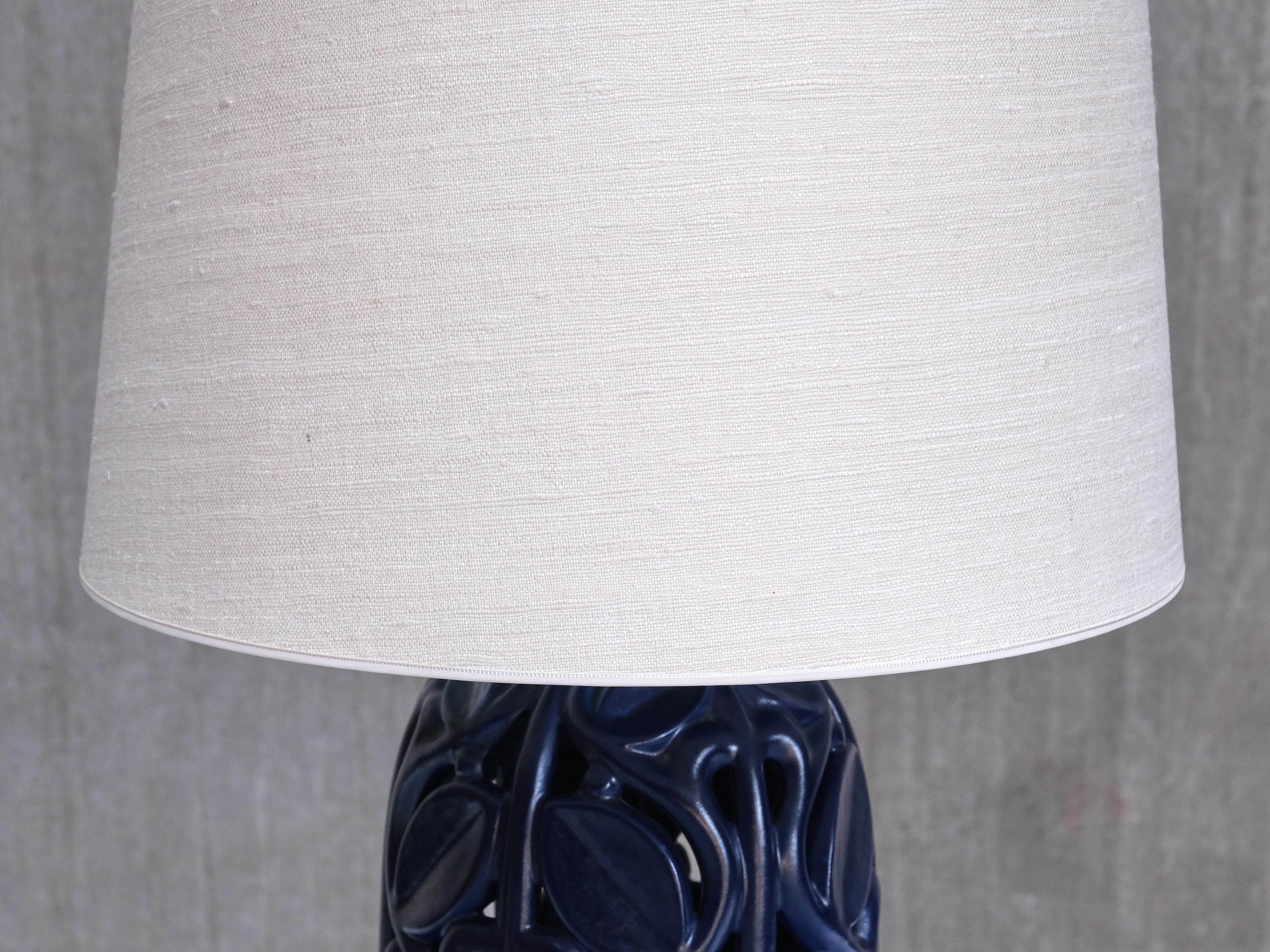 Michael Andersen Blue Ceramic Table Lamp with Botanical Openwork Relief, 1940s For Sale 1
