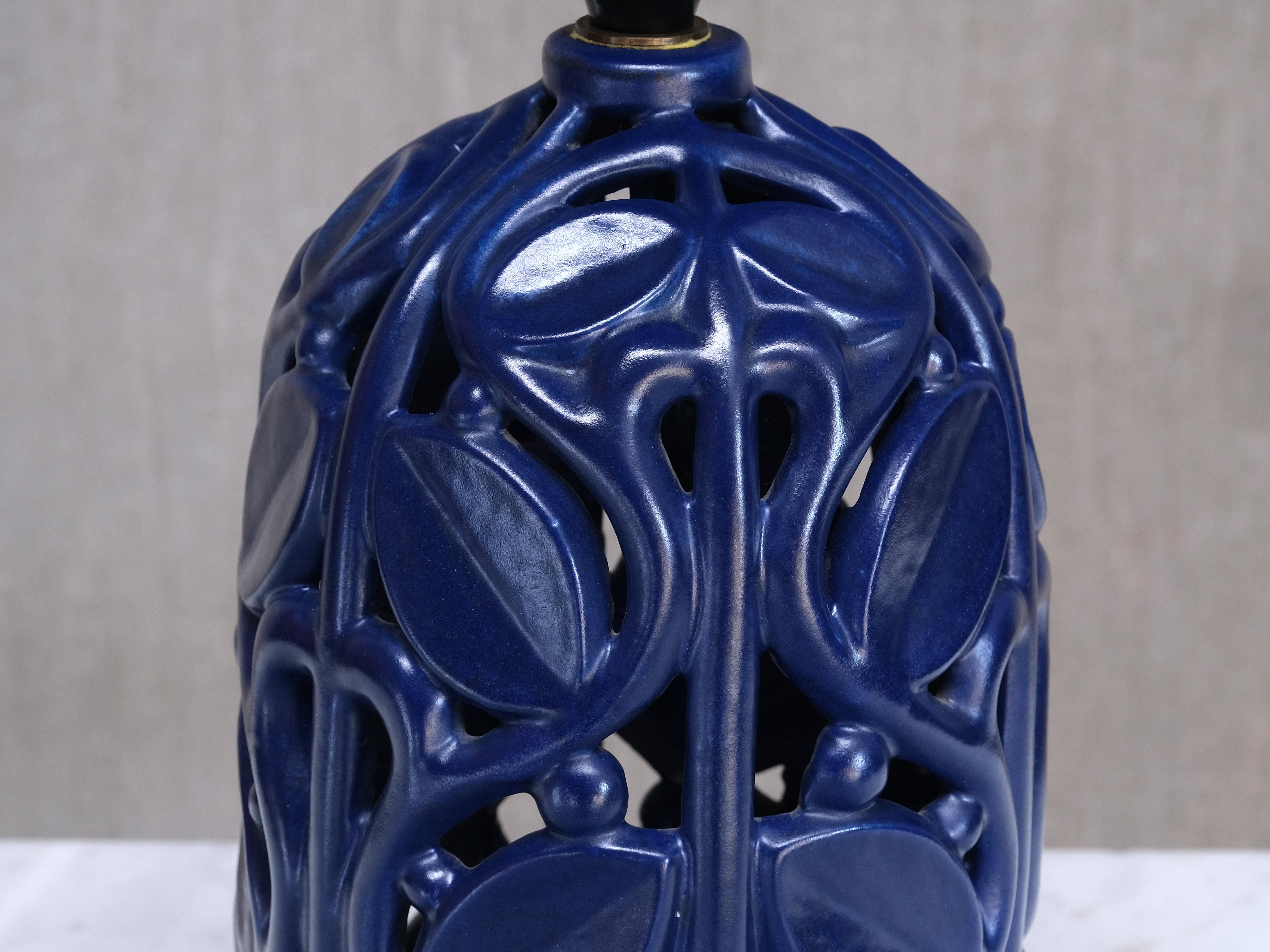 Michael Andersen Blue Ceramic Table Lamp with Botanical Openwork Relief, 1940s For Sale 2