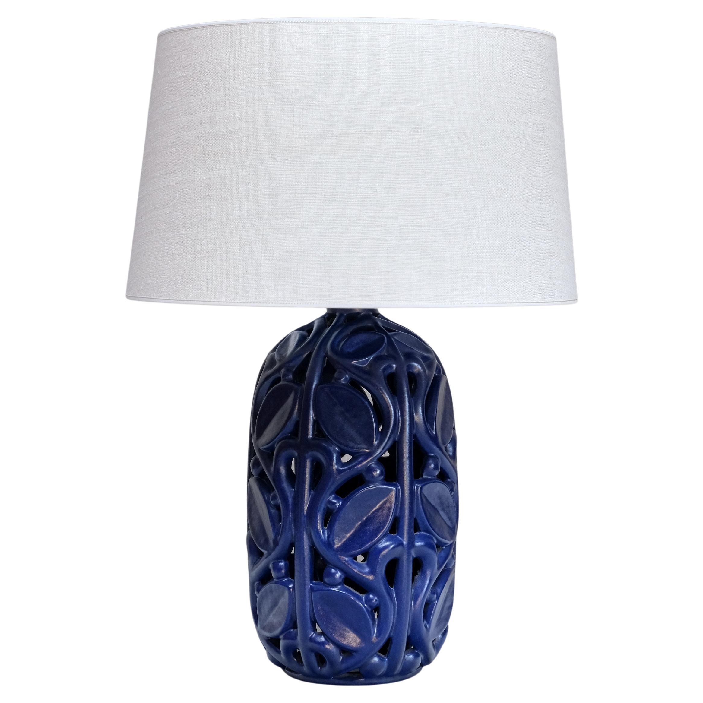Michael Andersen Blue Ceramic Table Lamp with Botanical Openwork Relief, 1940s For Sale