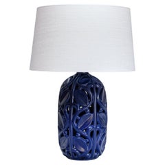Michael Andersen Blue Ceramic Table Lamp with Botanical Openwork Relief, 1940s Michael Andersen Blue Ceramic Table Lamp with Botanical Openwork Relief, 1940s