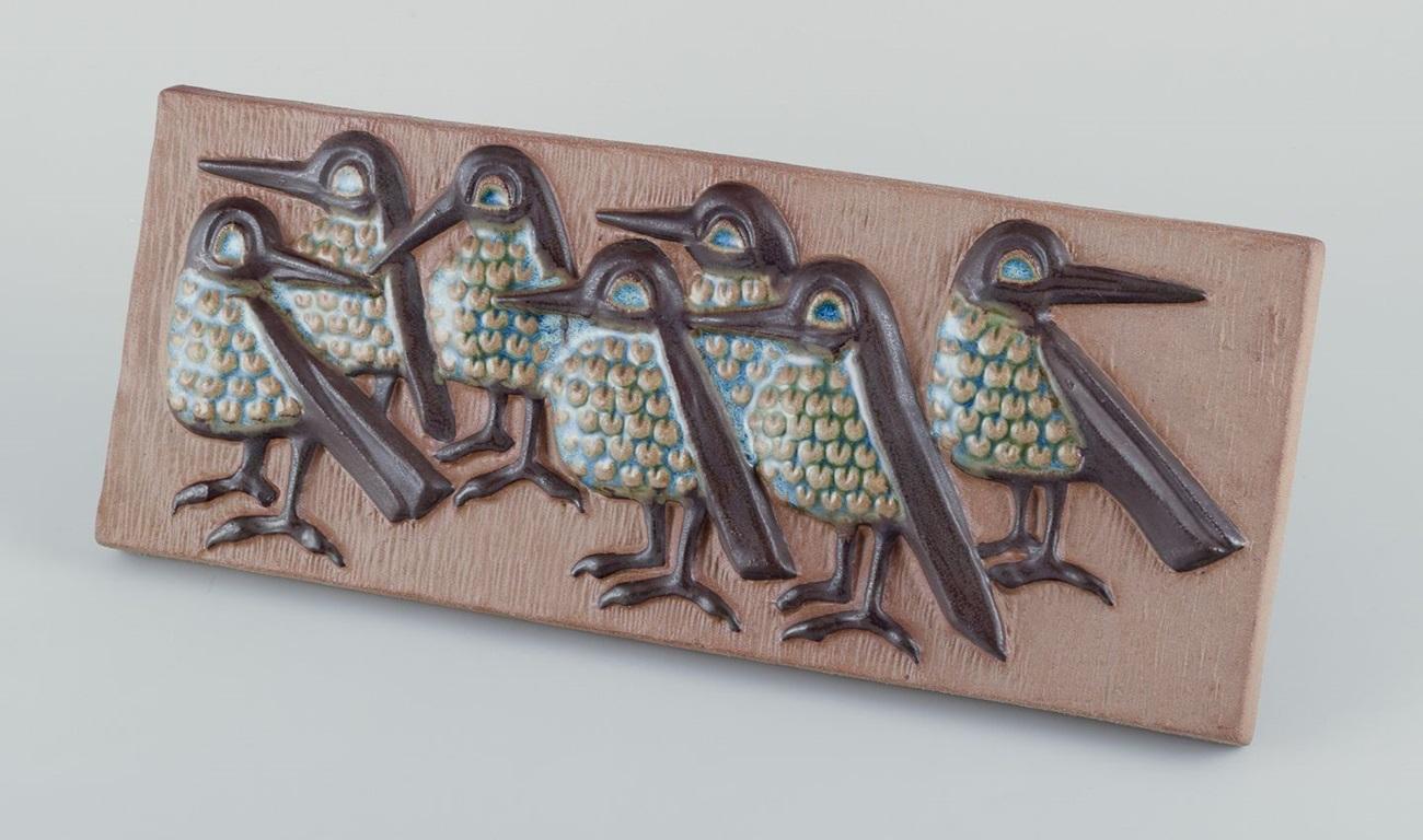 Scandinavian Modern Michael Andersen, Bornholm. Elongated ceramic wall plaque. Birds in relief. For Sale