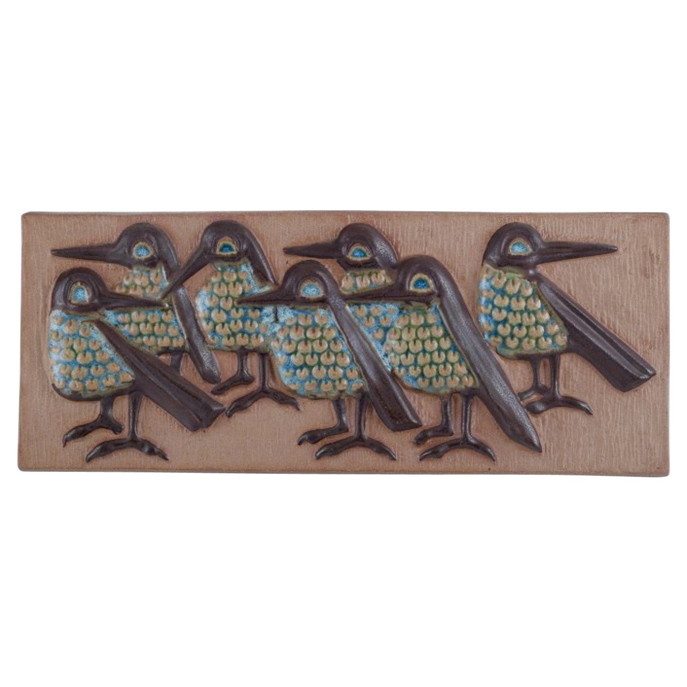 Michael Andersen, Bornholm. Elongated ceramic wall plaque. Birds in relief.