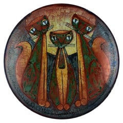 Retro Michael Andersen, Bornholm, Large Bowl in Glazed Ceramics with Three Cats