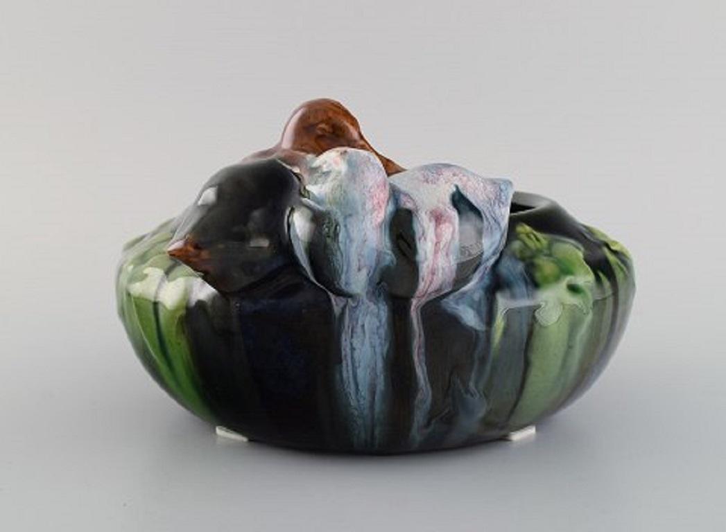 Art Nouveau Michael Andersen, Denmark, Rare Bowl in Glazed Ceramics with Ducks, 1920s