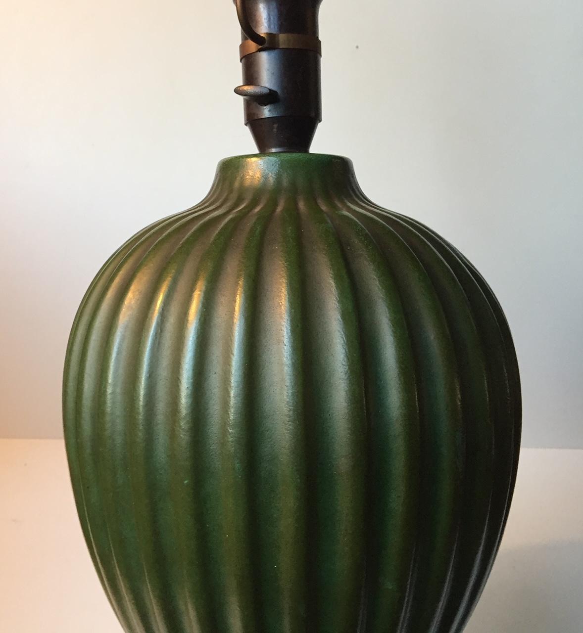 Danish Michael Andersen Fluted Green Art Deco Table Lamp, 1930s For Sale