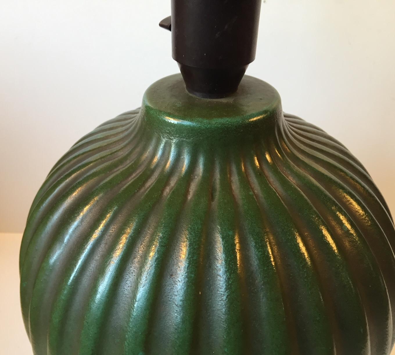 Glazed Michael Andersen Fluted Green Art Deco Table Lamp, 1930s For Sale