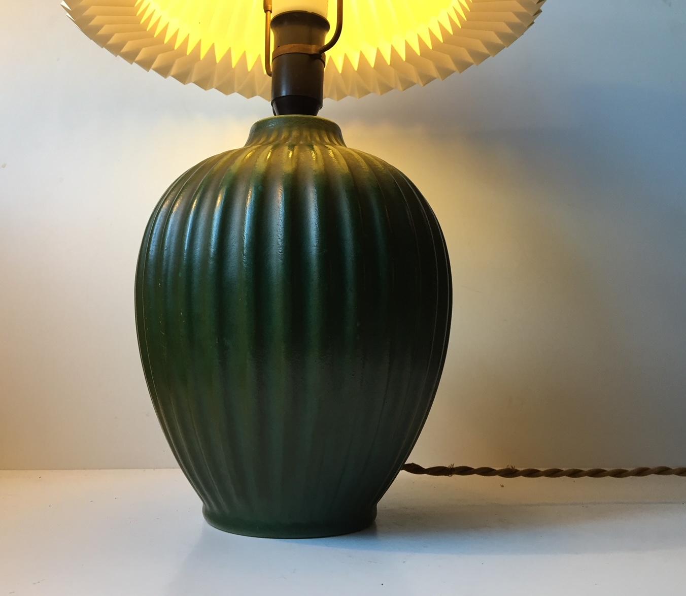 Pottery Michael Andersen Fluted Green Art Deco Table Lamp, 1930s For Sale