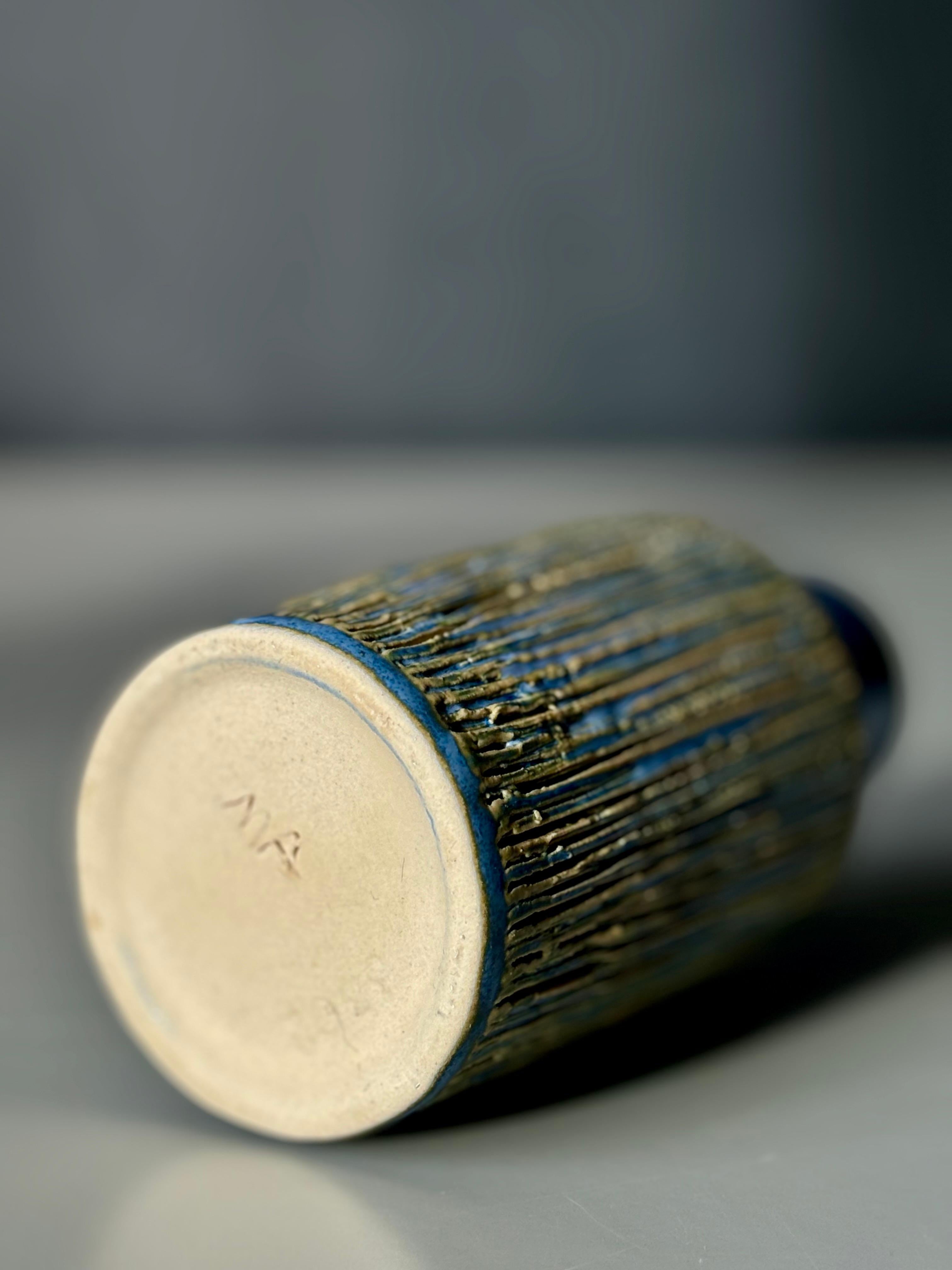 Hand-Carved Michael Andersen Lined Vase With Blue Neck, 1960s