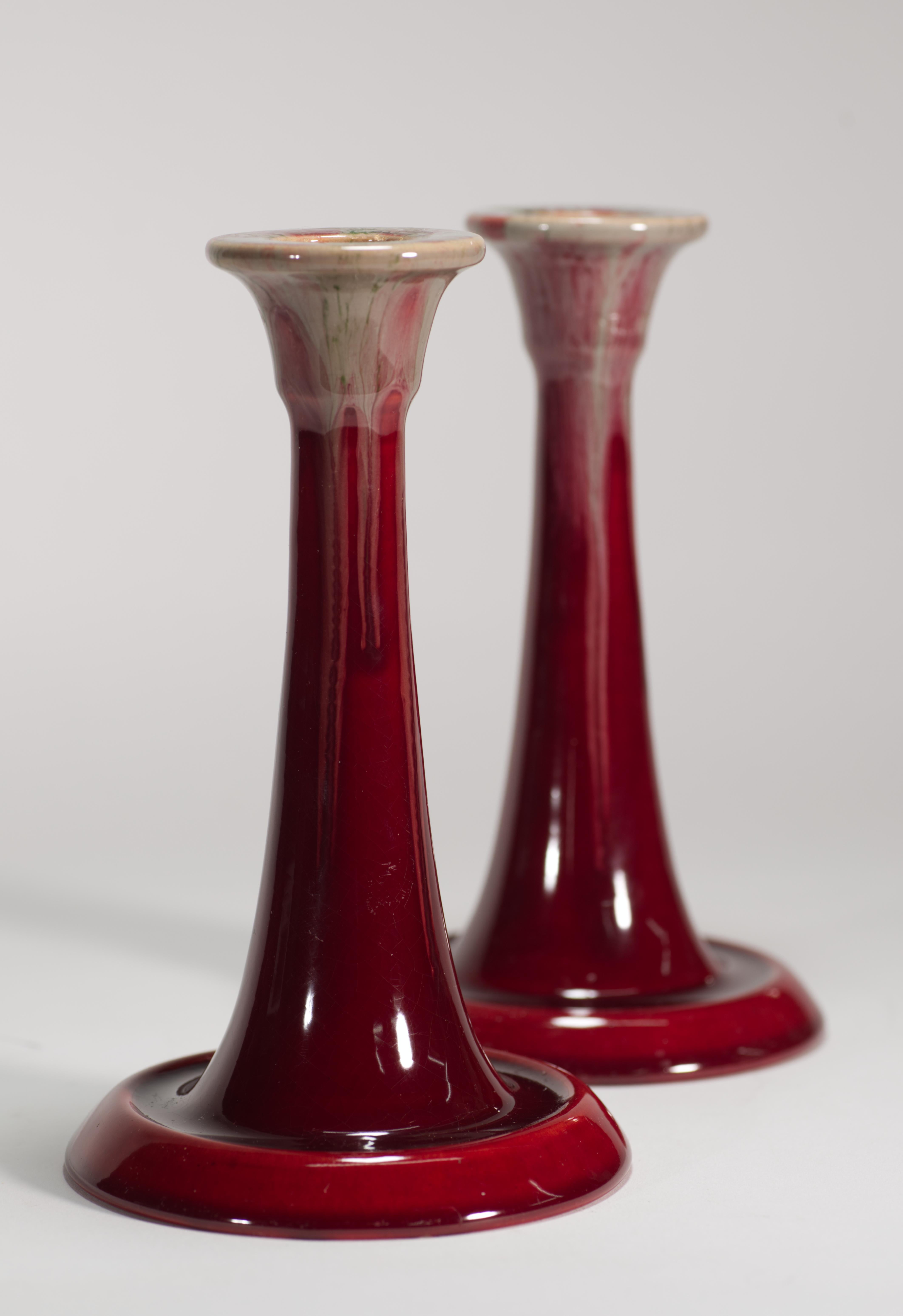 Glazed Michael Andersen Pair of Art Deco Oxblood Red Candle Holders, Denmark 1930s For Sale