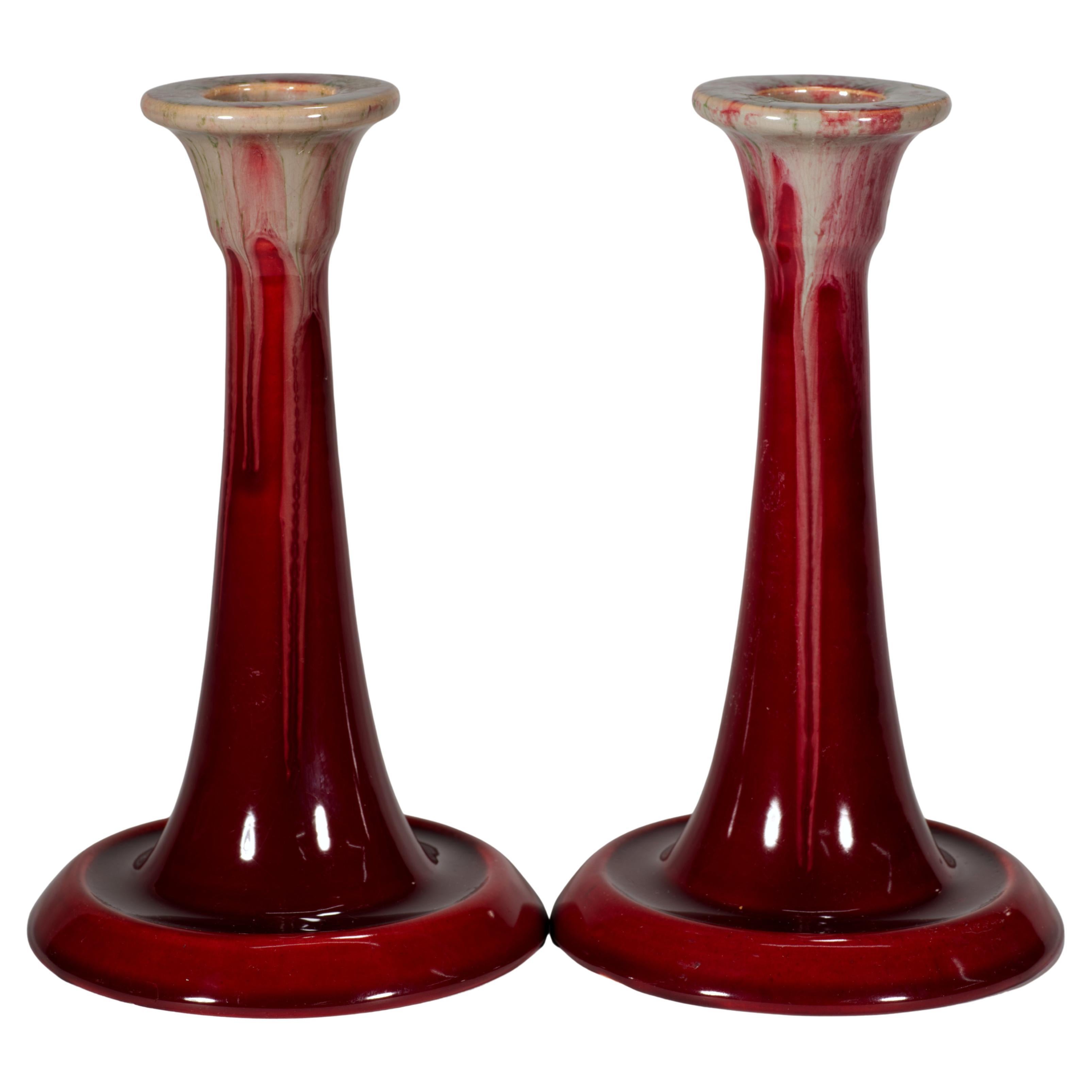 Michael Andersen Pair of Art Deco Oxblood Red Candle Holders, Denmark 1930s For Sale