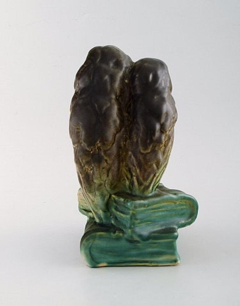 Danish Michael Andersen, Rare Figure in Glazed Ceramics, Two Owls Sitting on Books