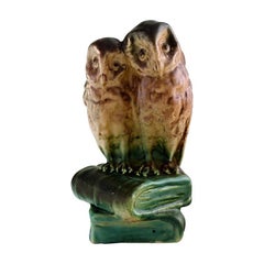 Michael Andersen, Rare Figure in Glazed Ceramics, Two Owls Sitting on Books