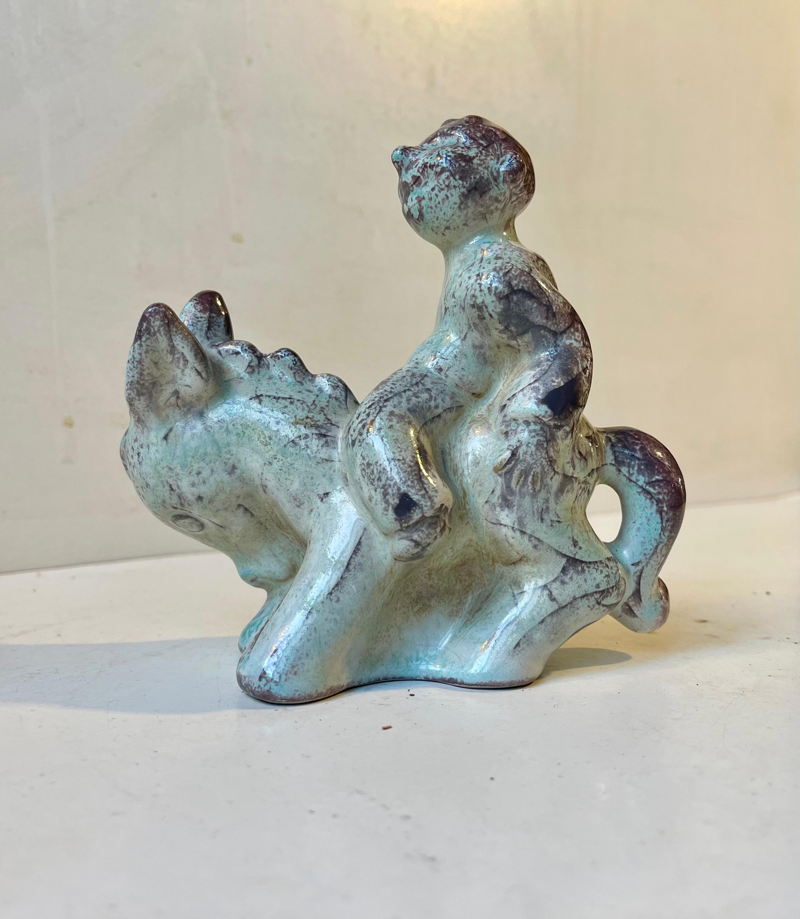 Mid-Century Modern Michael Andersen & Son Boy on Donkey Ceramic Figurine in Persia Glaze For Sale