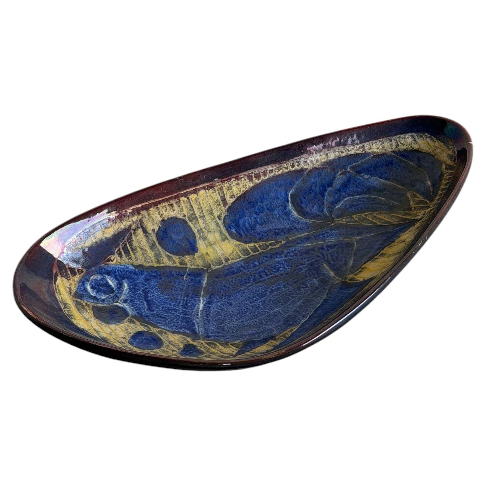 Michael Andersen Stoneware Triangular Catchall Dish Blue Abstract Denmark 1960s For Sale