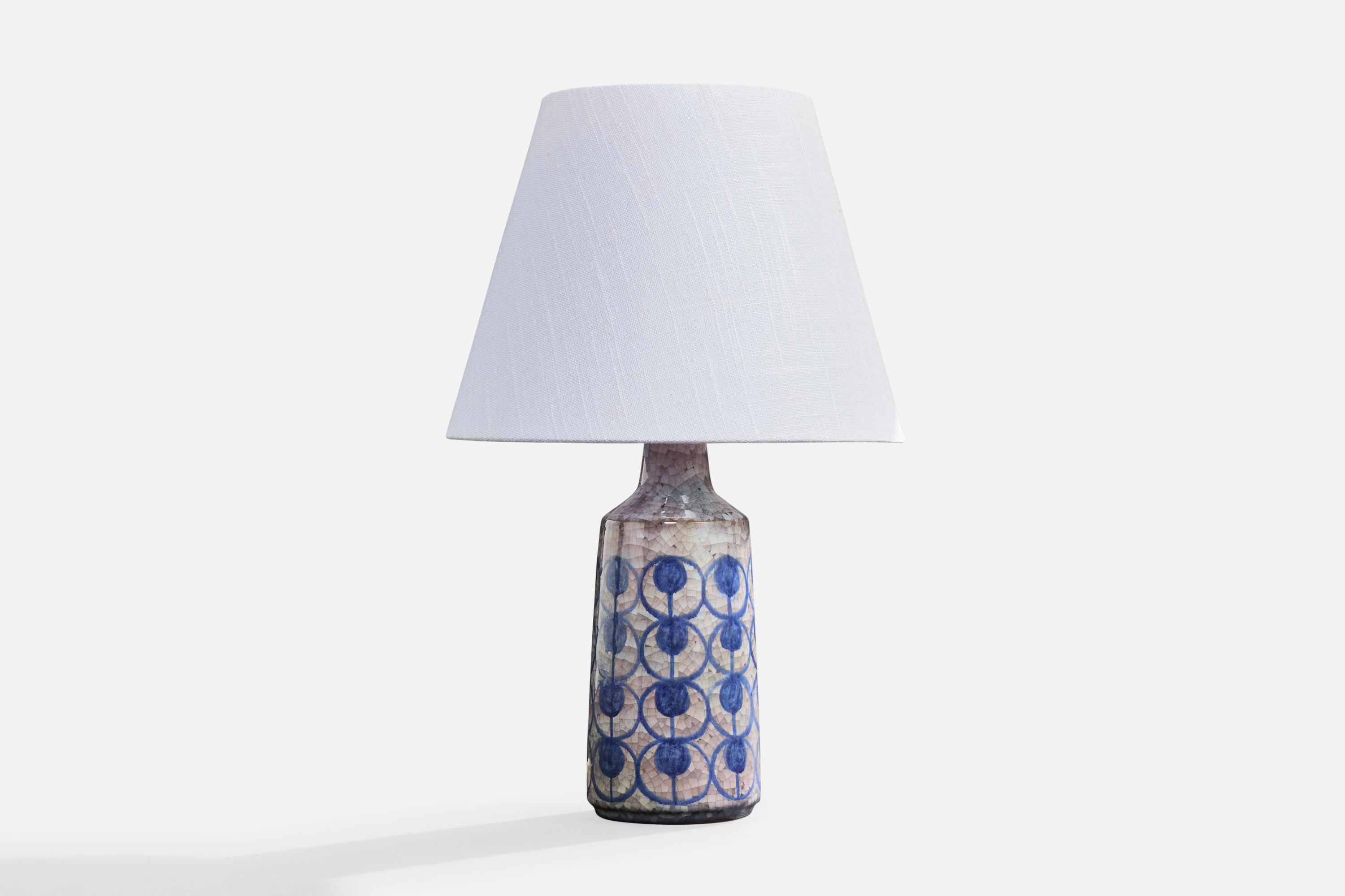 A blue and grey-glazed table lamp produced by Michael Andersen, Denmark, c. 1960s.

Dimensions of Lamp (inches): 12.25