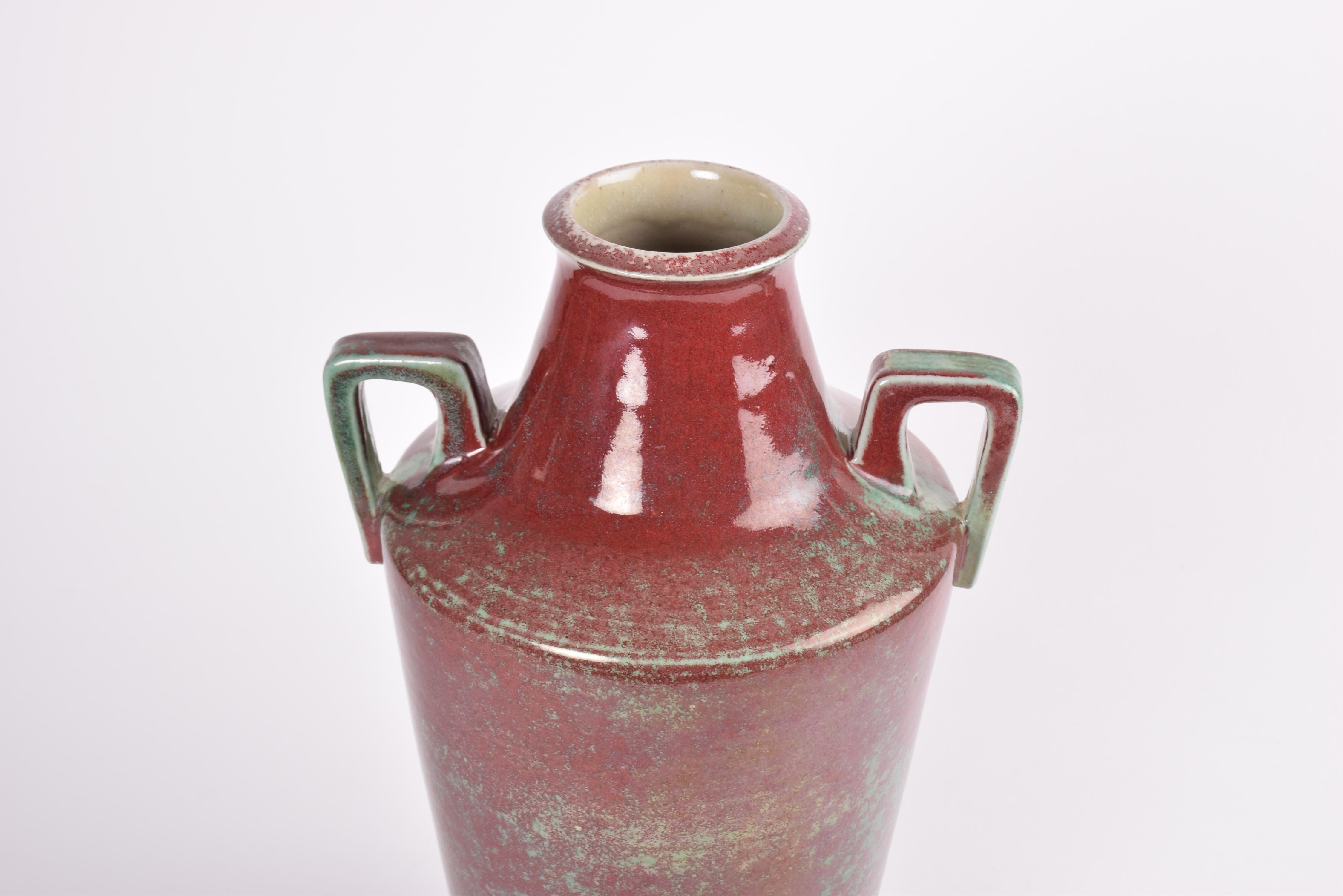 Ceramic Michael Andersen Unique Danish Art Deco Vase Oxblood Red & Green Glaze, ca 1920s For Sale