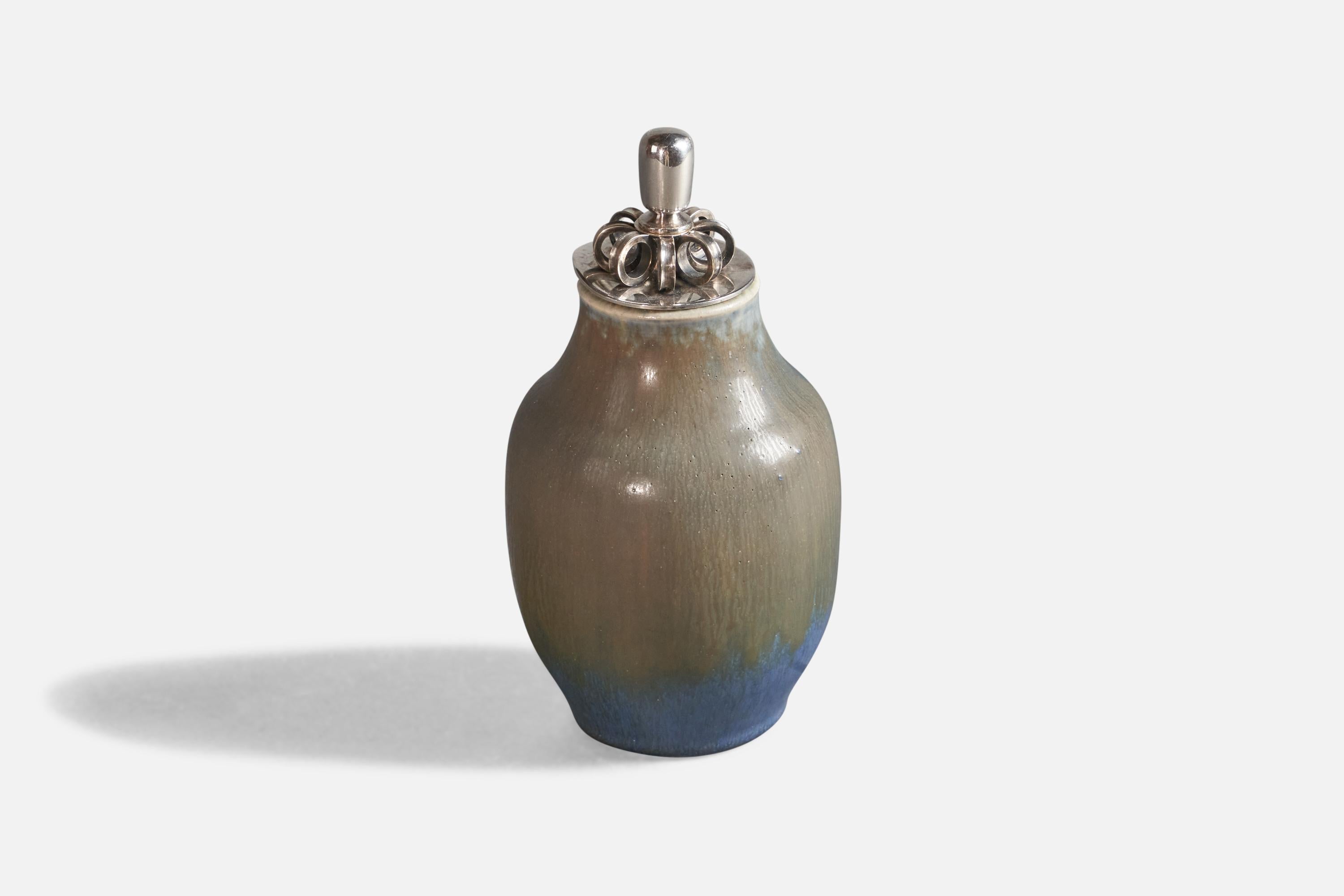A blue and grey-glazed stoneware vase with silver plated lid, designed and produced by Michael Andersen, Bornholm, Denmark, c. 1960s.