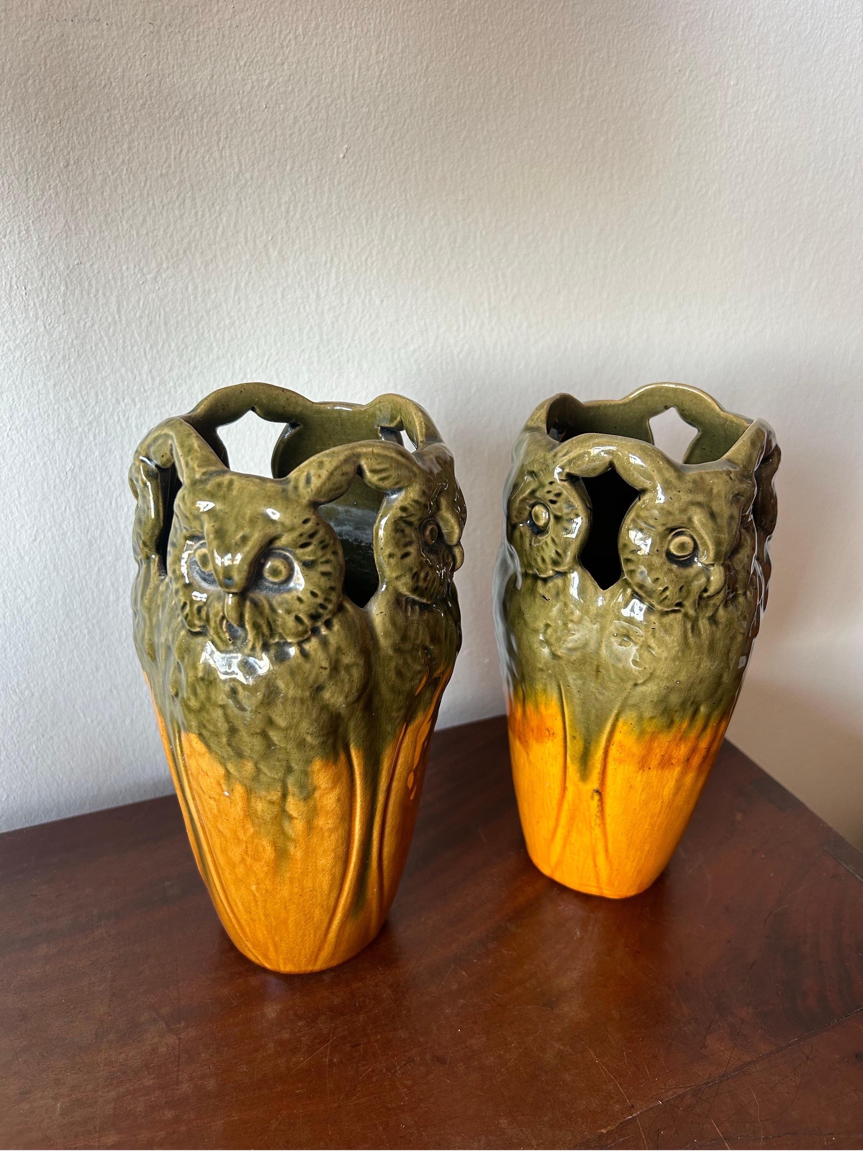 Rare pair of Michael Andersen ceramic vases with four owls as decoration on each vase, both of the vases have the classic blymajolika glaze which Michael Andersen is well known for. These vases are made in the early years of the workshop and are