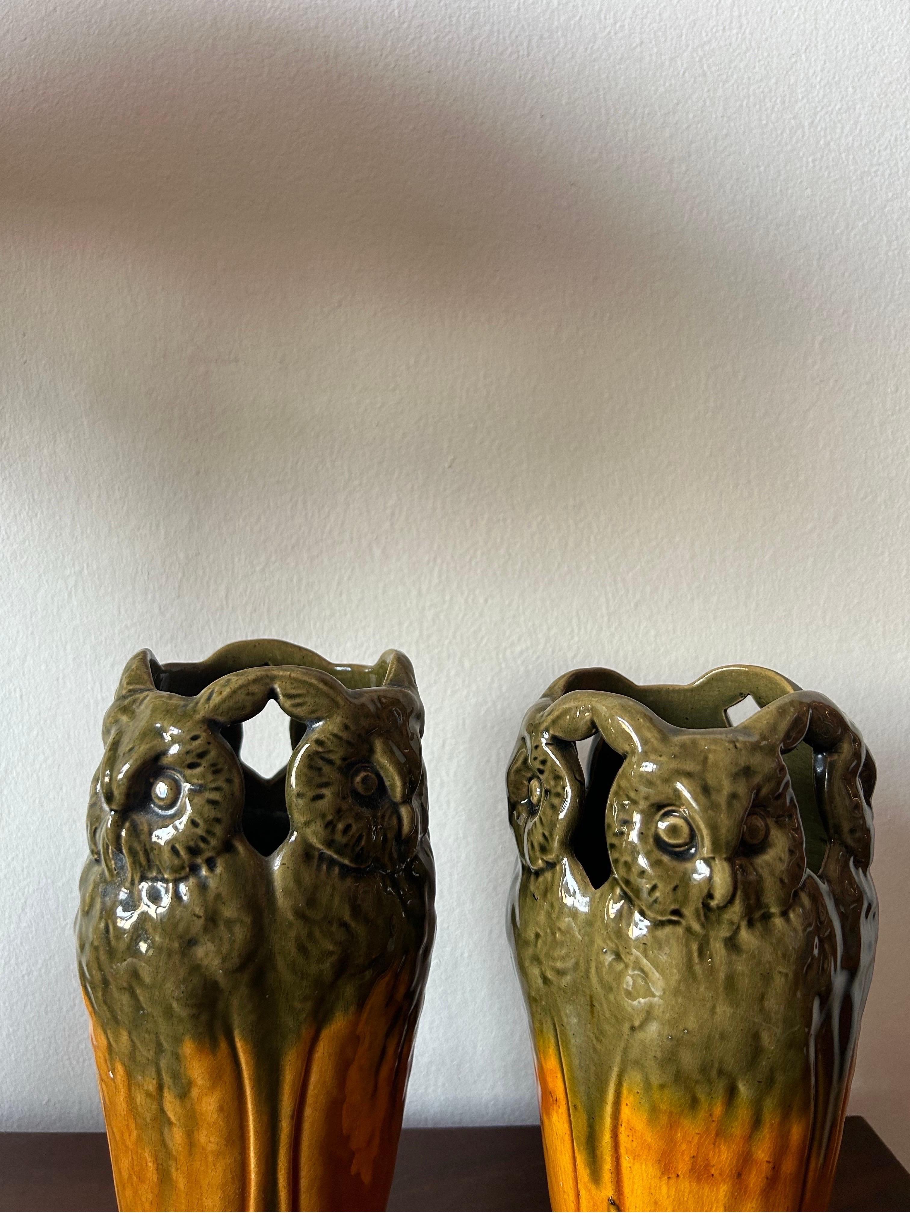 Late 19th Century Michael Andersen Vase with Owl Ornaments, Denmark For Sale