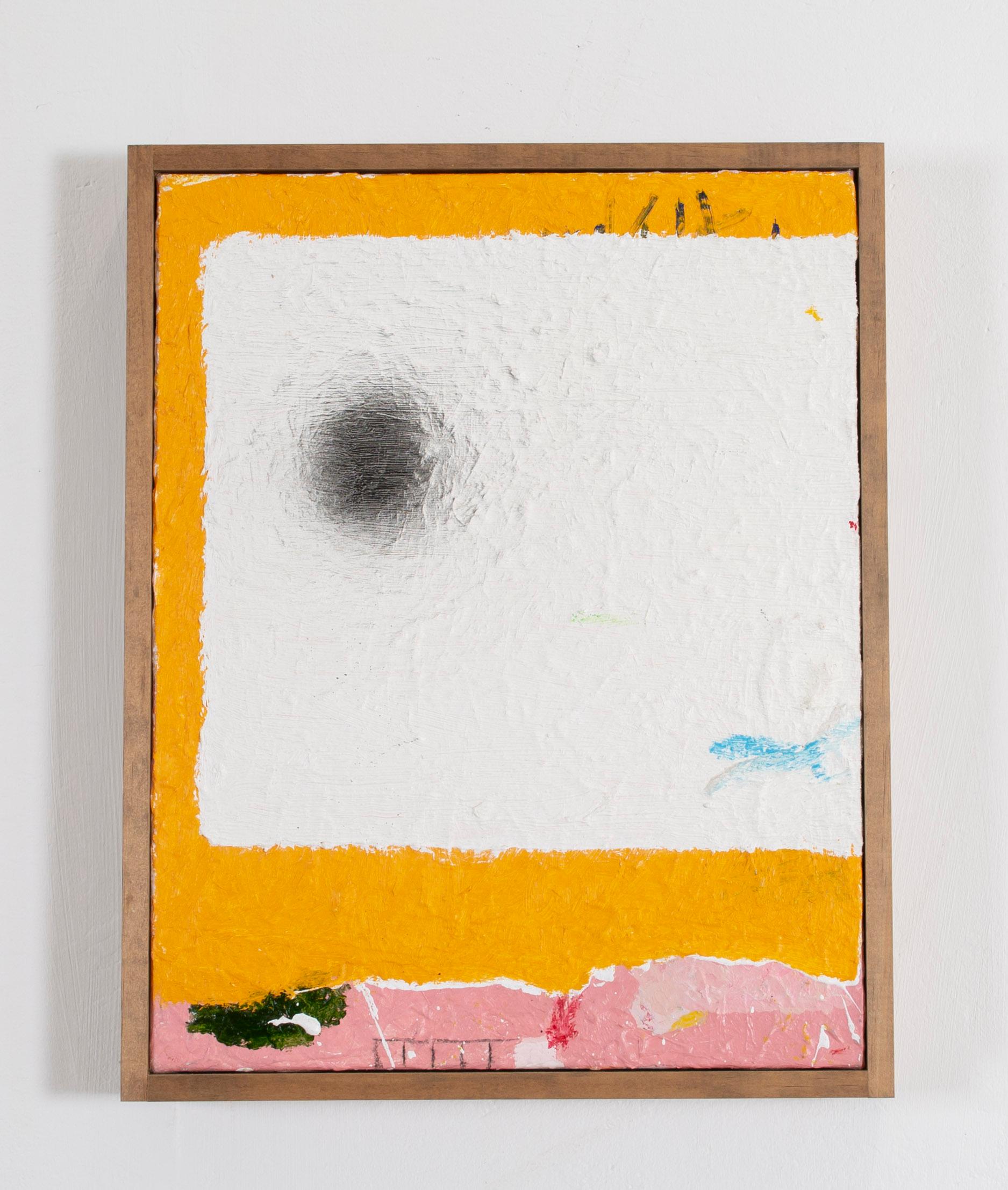 Michael Andrew Phillips Abstract Painting – "Schwarzer Schwan" Ölgemälde eines einsamen schwarzen Kreises auf einem mehrschichtigen Hintergrund  