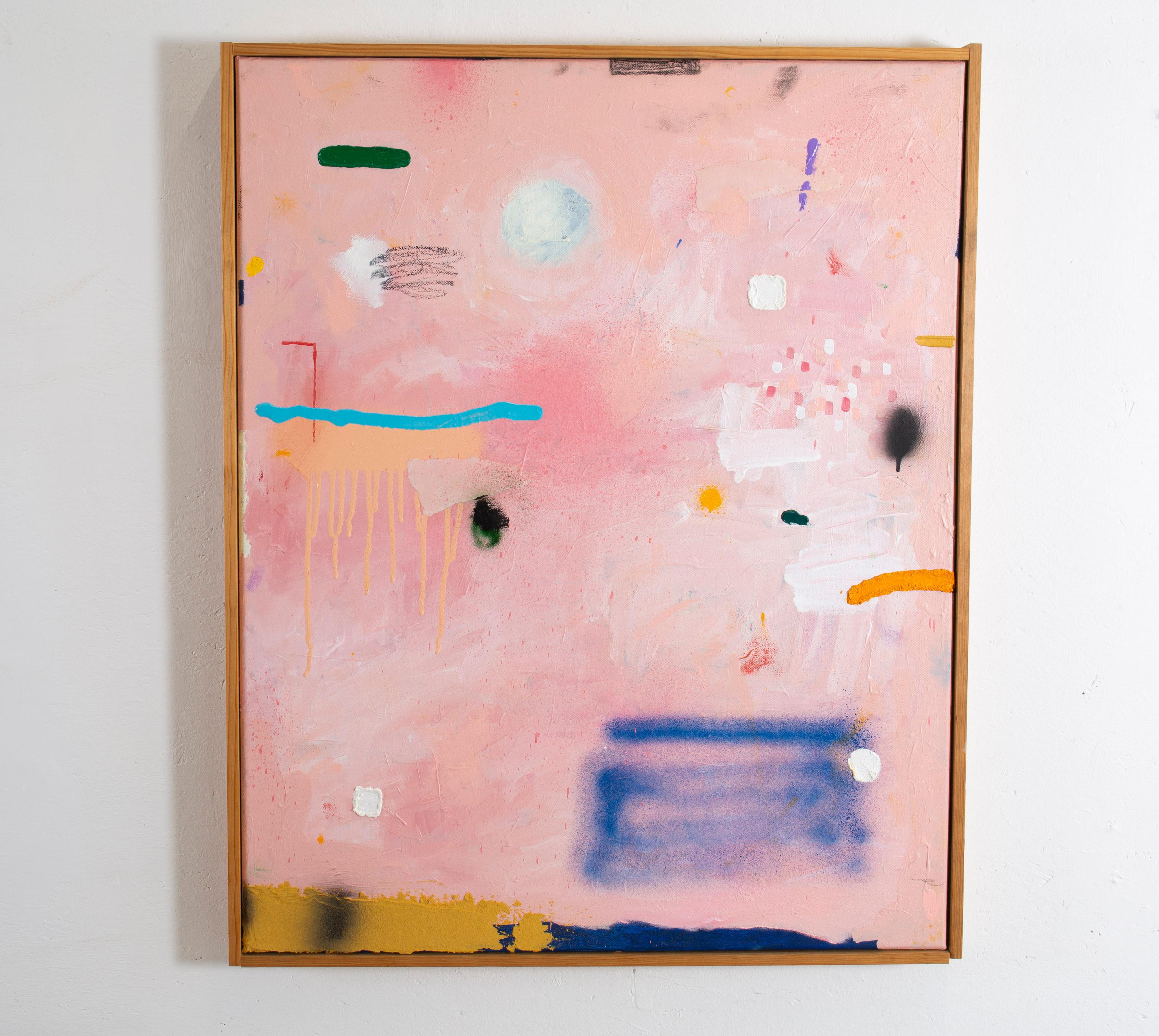 Michael Andrew Phillips Abstract Painting - «Majin» Abstract Oil Painting, various elements occupying a pink surface