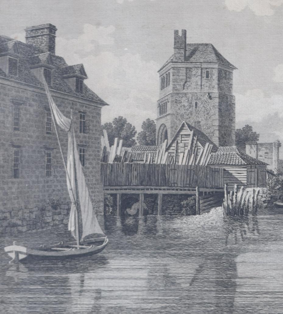 Folly Bridge and Friar Bacon's Study, Oxford engraving from the Oxford Almanack - Print by Michael Angelo Rooker