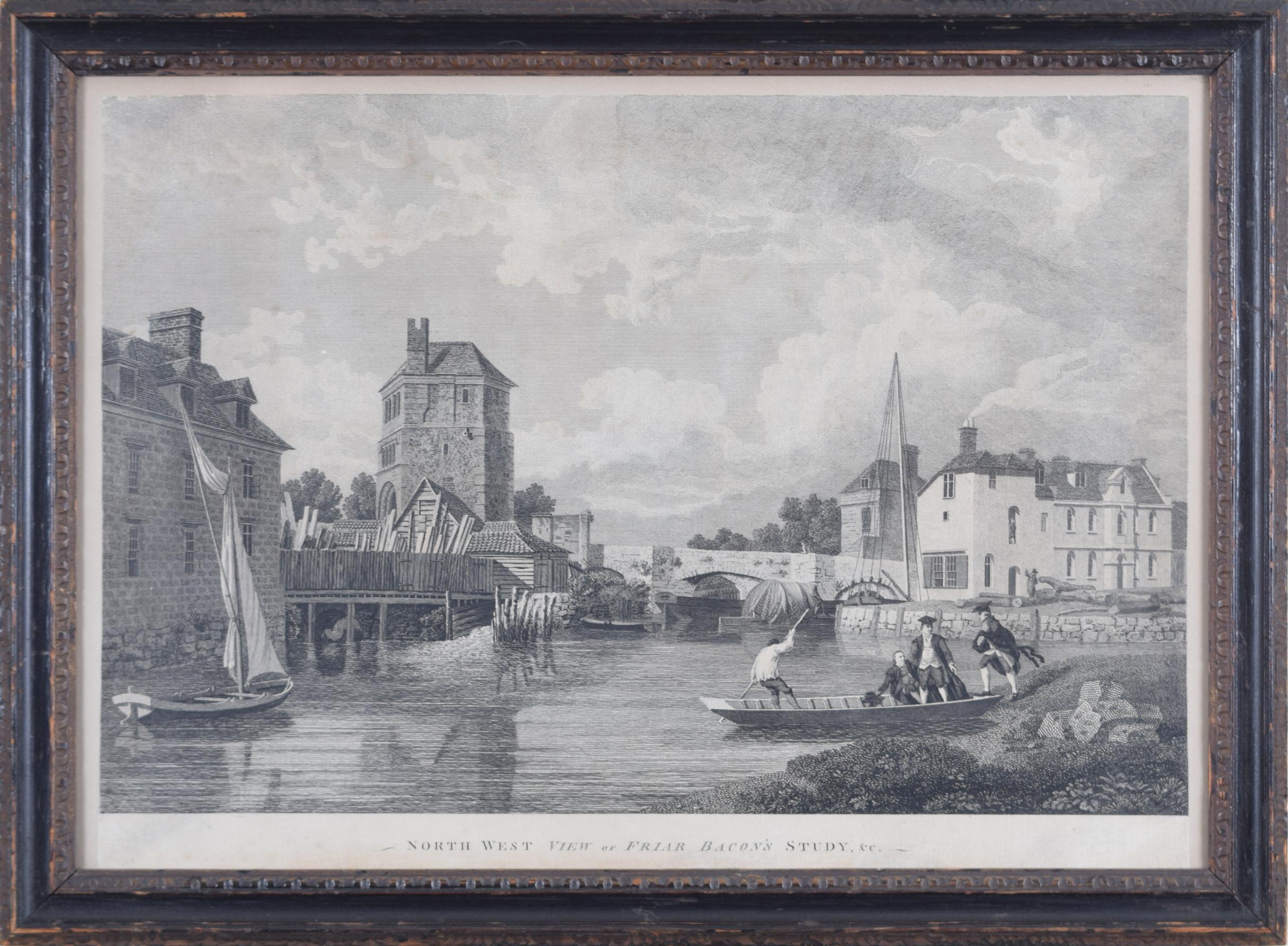 Michael Angelo Rooker Landscape Print – Folly Bridge and Friar Bacon's Study, Oxford-Stickerei aus dem Oxford Almanack