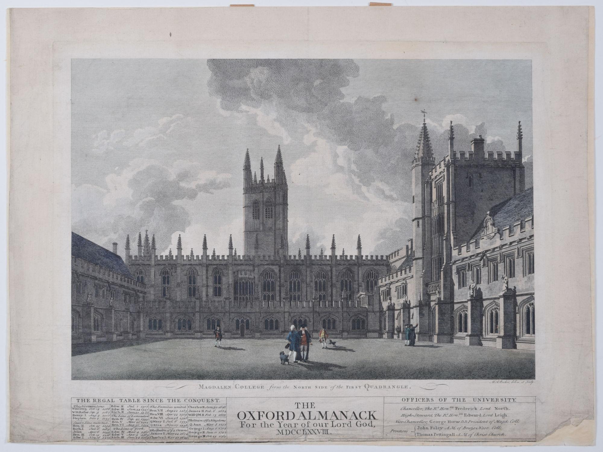 Magdalen College Oxford Almanack engraving by Michael Angelo Rooker For Sale 1