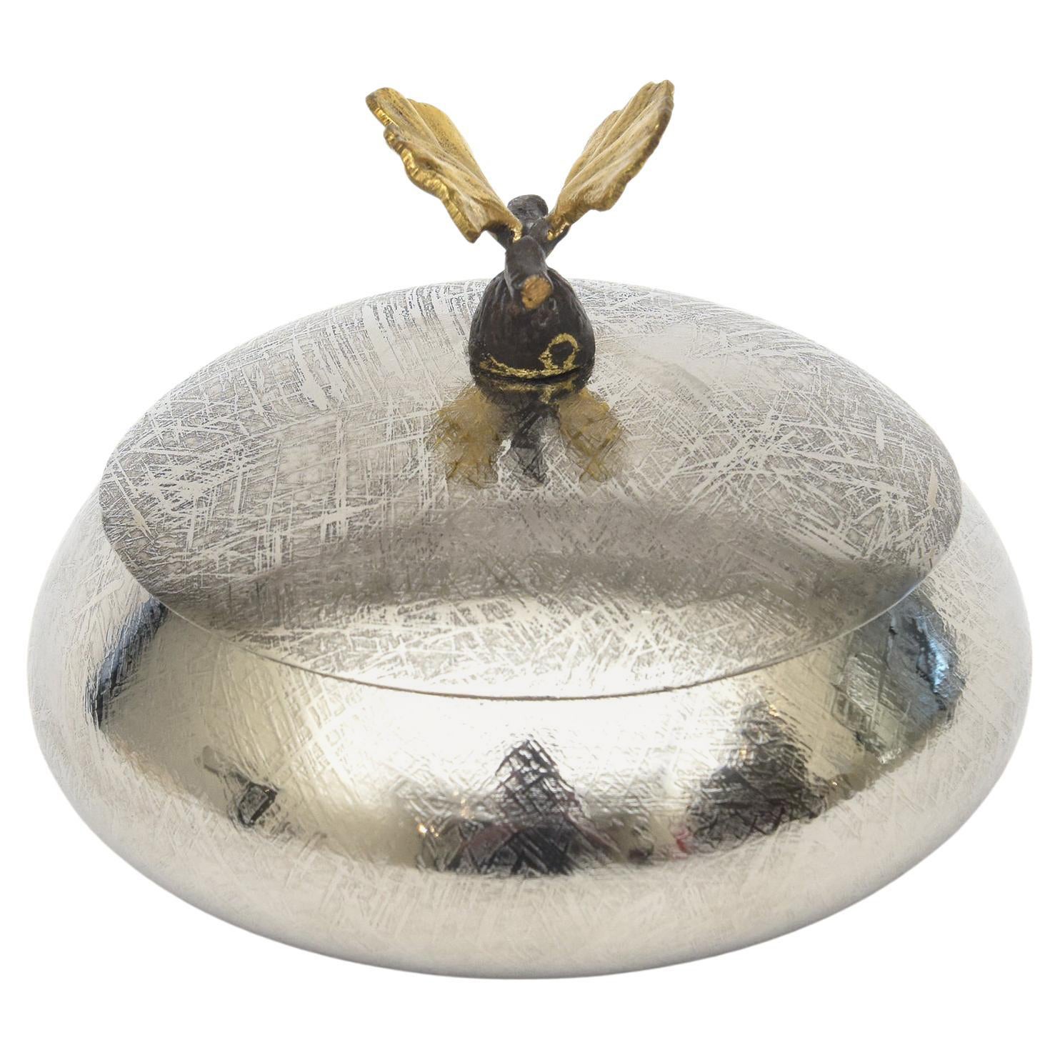 Michael Aram Tooled Silver Metal, Enamel Two Part Box With Brass Flower Top For Sale