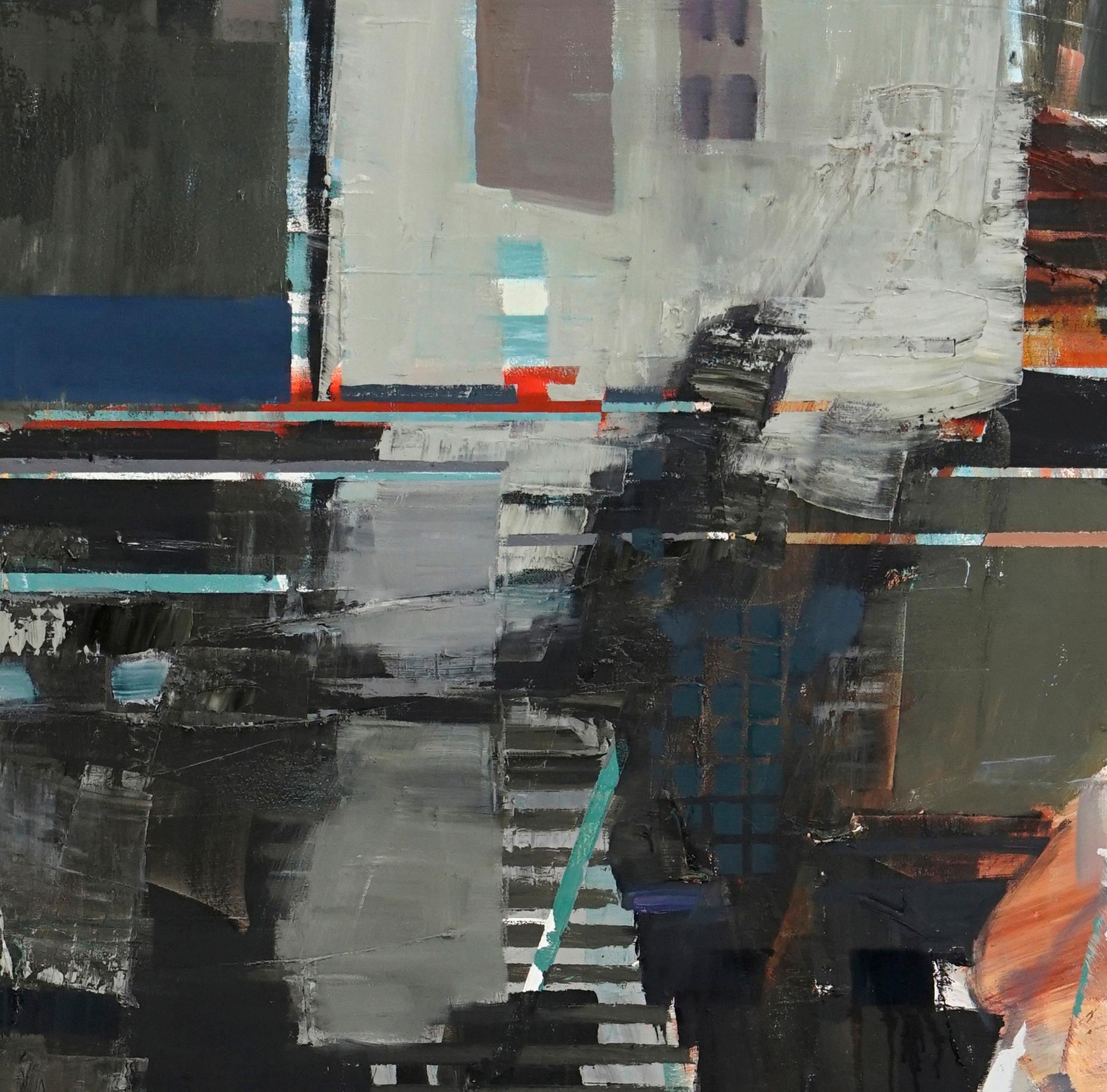 Dislocation, figurative, abstract, oil on canvas, city scene - Abstract Painting by Michael Azgour