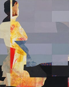 Pixel Study 2 - yellow gray abstract figurative painting and photo of a women 