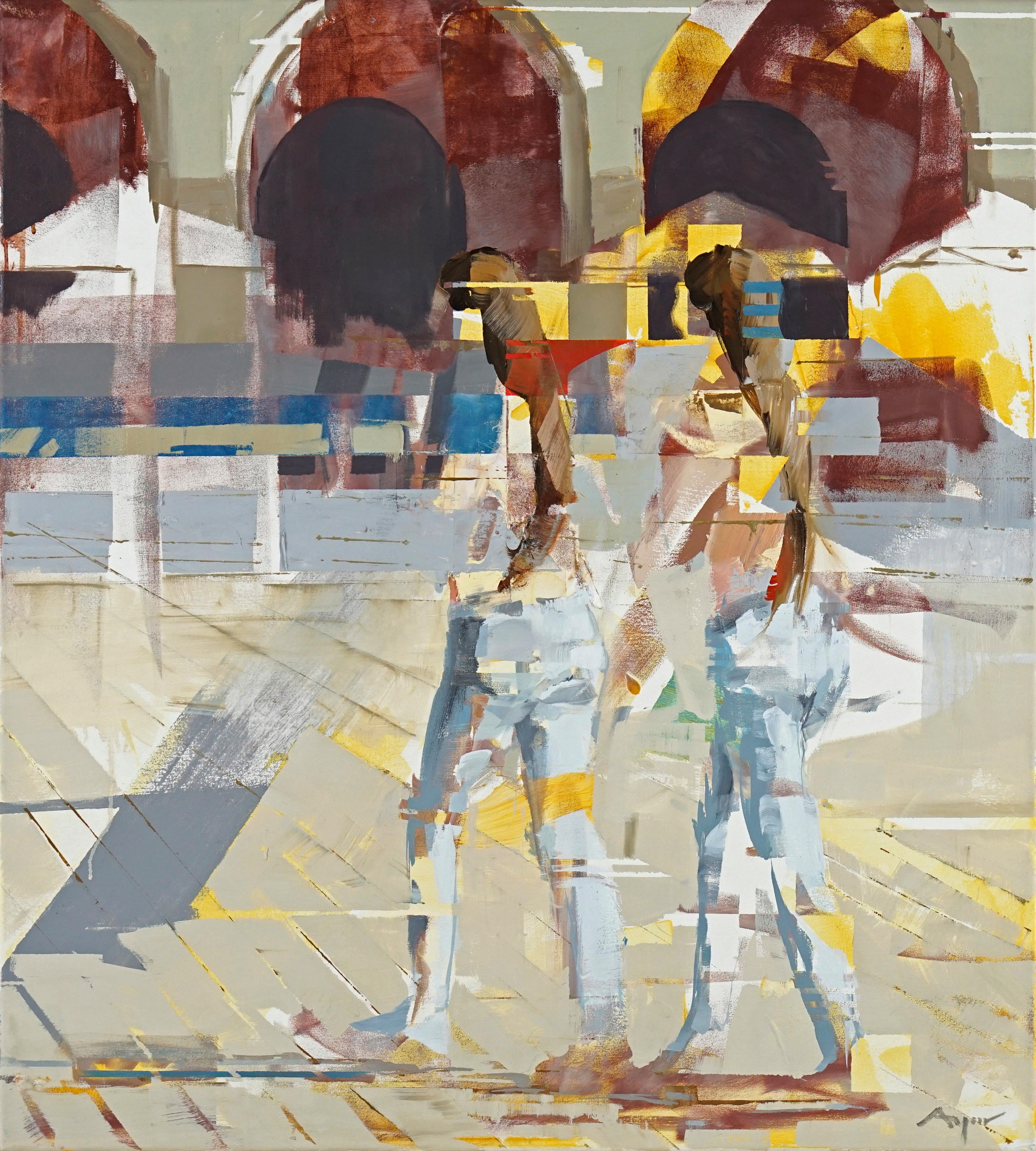 Based off of a series of photographs taken in the main square in Krakow, Rynek 1 presents a synthesis of figure, movement, and space.  Azgour made this painting in his studio and shipped it to SLATE contemporary in Oakland, CA for exhibition in