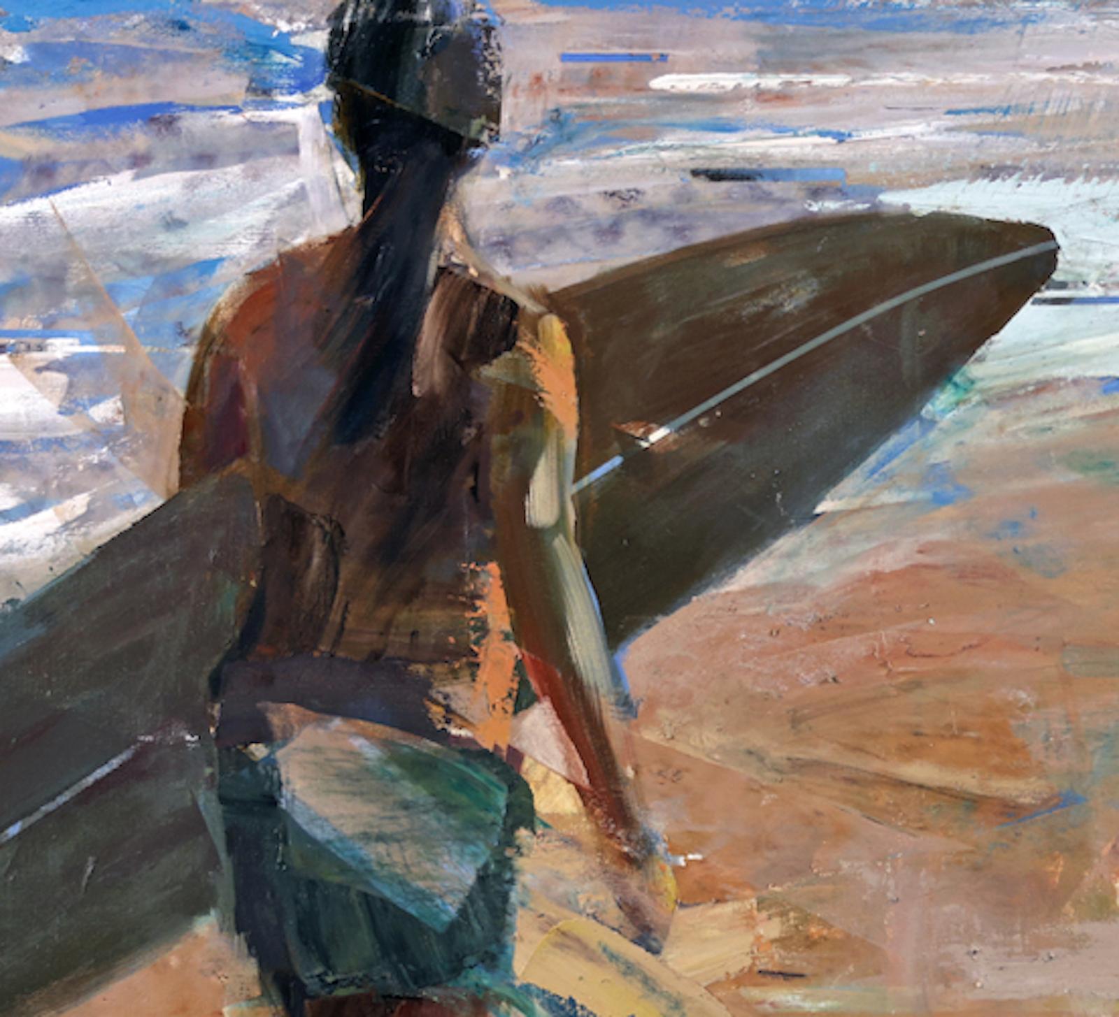 Surfer Girl - pittura a olio astratta e figurativa blu, bianca e marrone su spiaggia - Painting di Michael Azgour