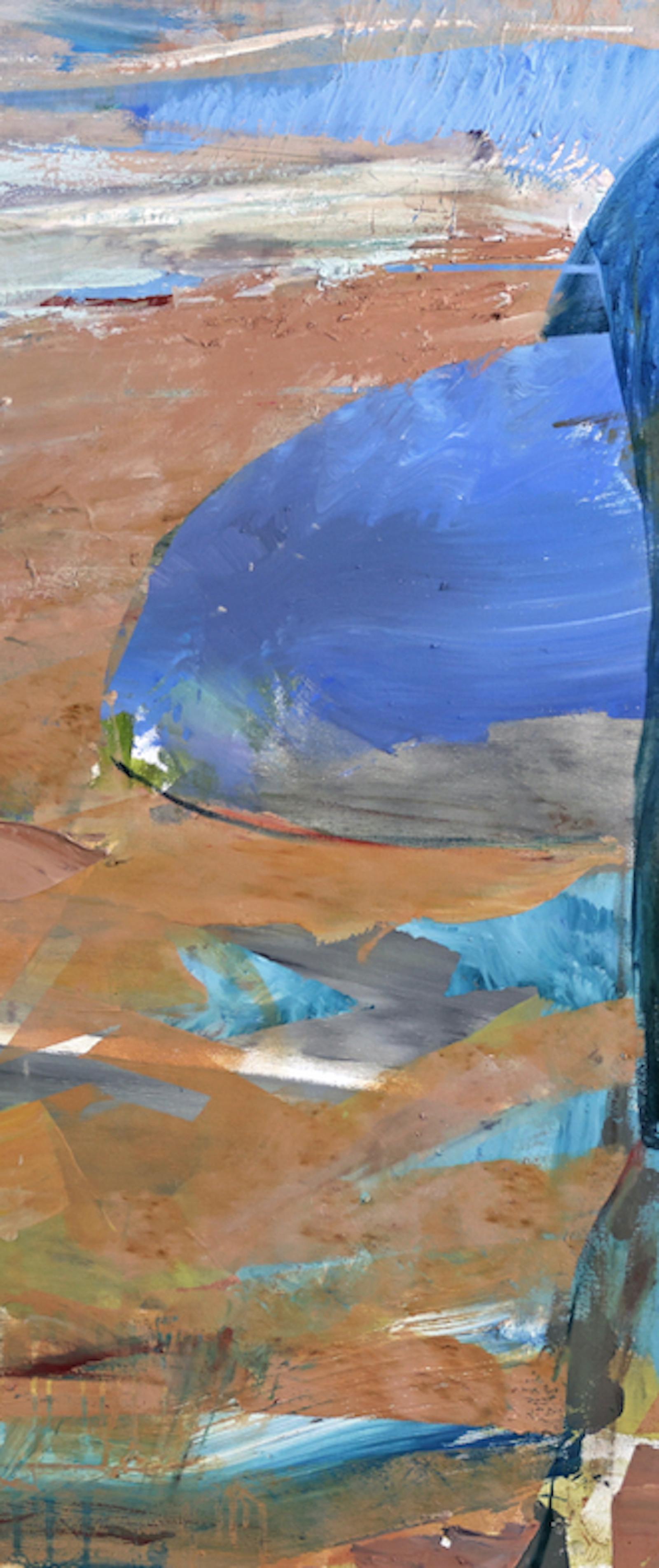 Surfer Girl - pittura a olio astratta e figurativa blu, bianca e marrone su spiaggia - Painting Contemporaneo di Michael Azgour