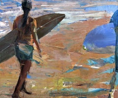 Surfer Girl- blue white brown abstract and figurative oil painting on beach