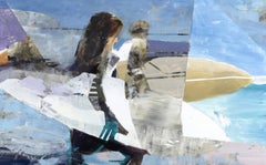 Surfers charging- blue purple white brown abstract and figurative oil painting
