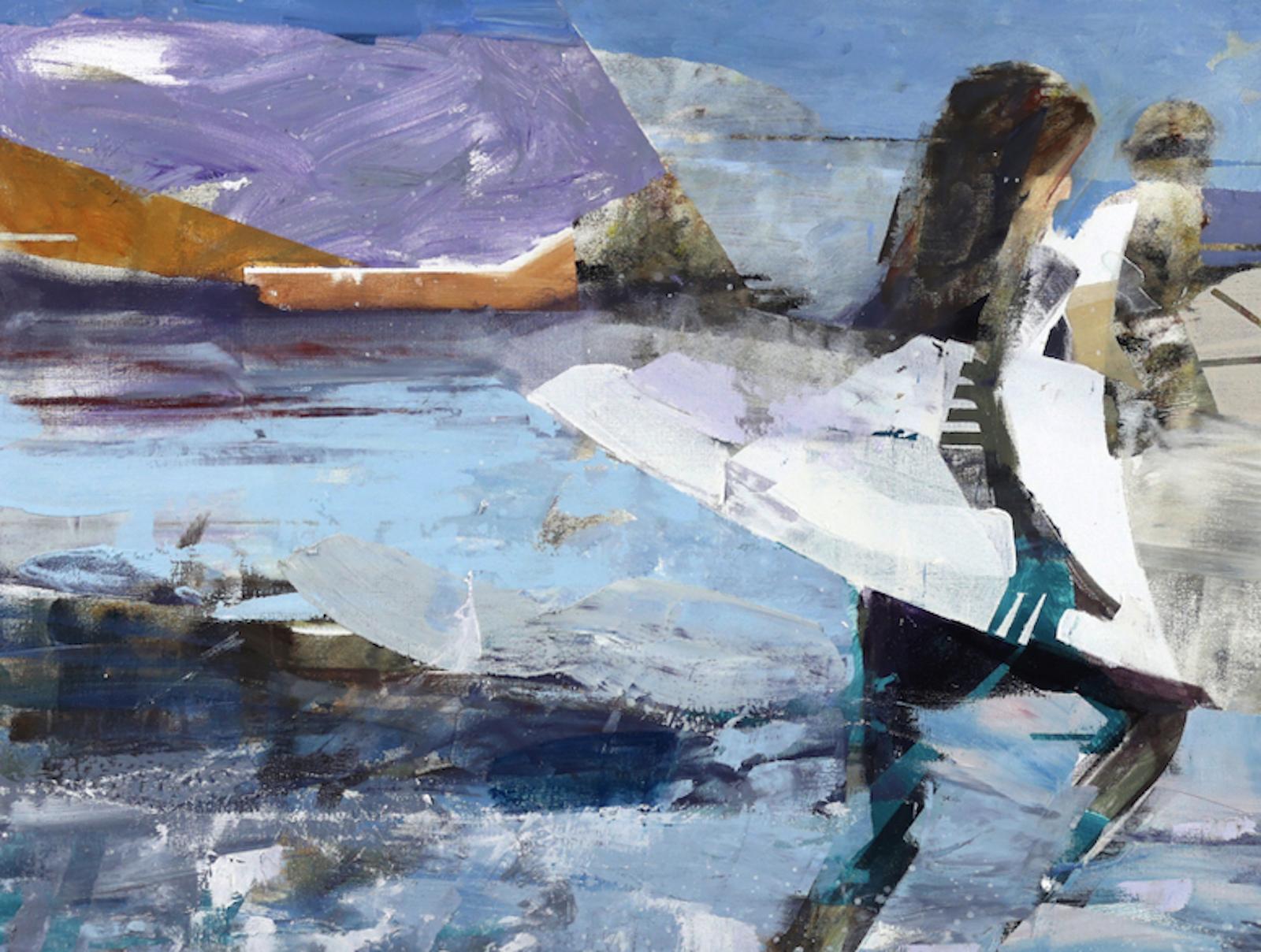 Surfisti in carica - pittura ad olio astratta e figurativa blu viola bianca marrone - Painting Contemporaneo di Michael Azgour