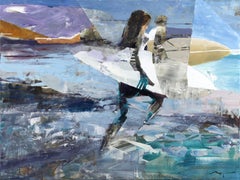 Surfers charging- blue purple white brown abstract and figurative oil painting