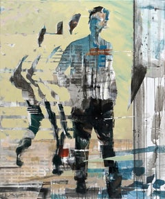 Transitions III - yellow grey blue brown abstract and figurative painting