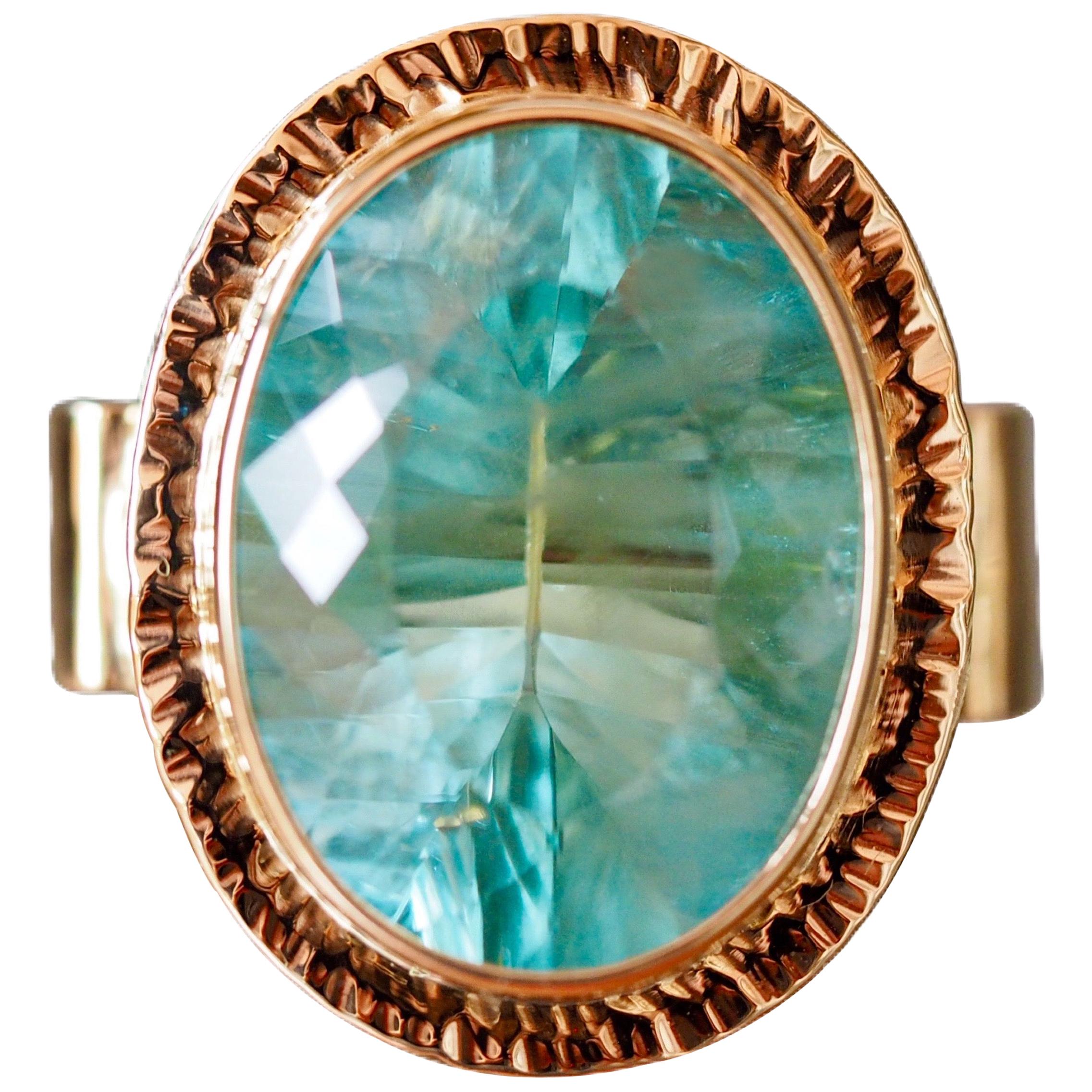 Michael Bakso 25.56 Carat Blue Topaz Statement Ring in Yellow Gold For Sale