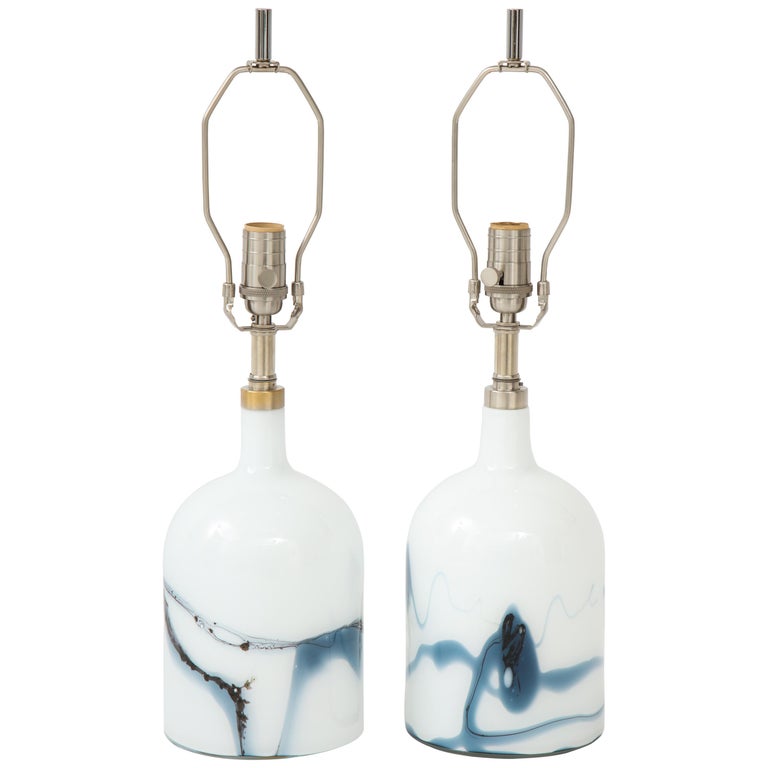 Michael Bang for Holmegaard Petrol Blue, White Glass Lamps at 1stDibs