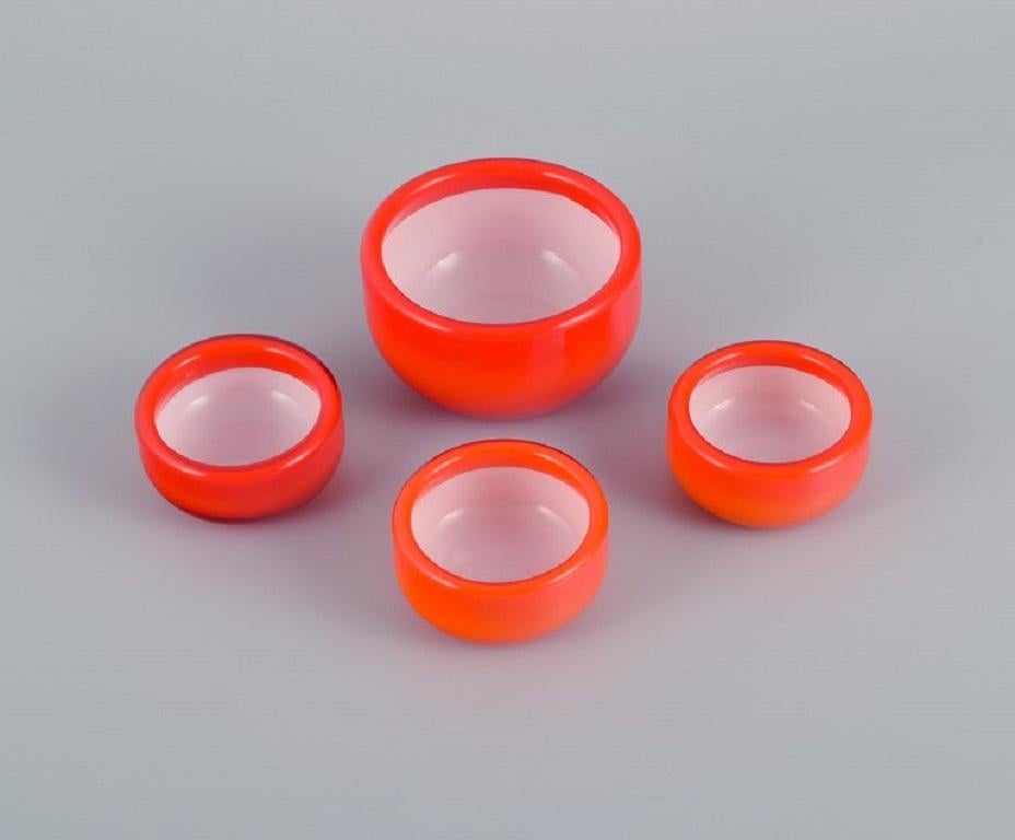 Scandinavian Modern Michael Bang for Holmegaard, Four Glass Bowls in Orange and White Art Glass For Sale