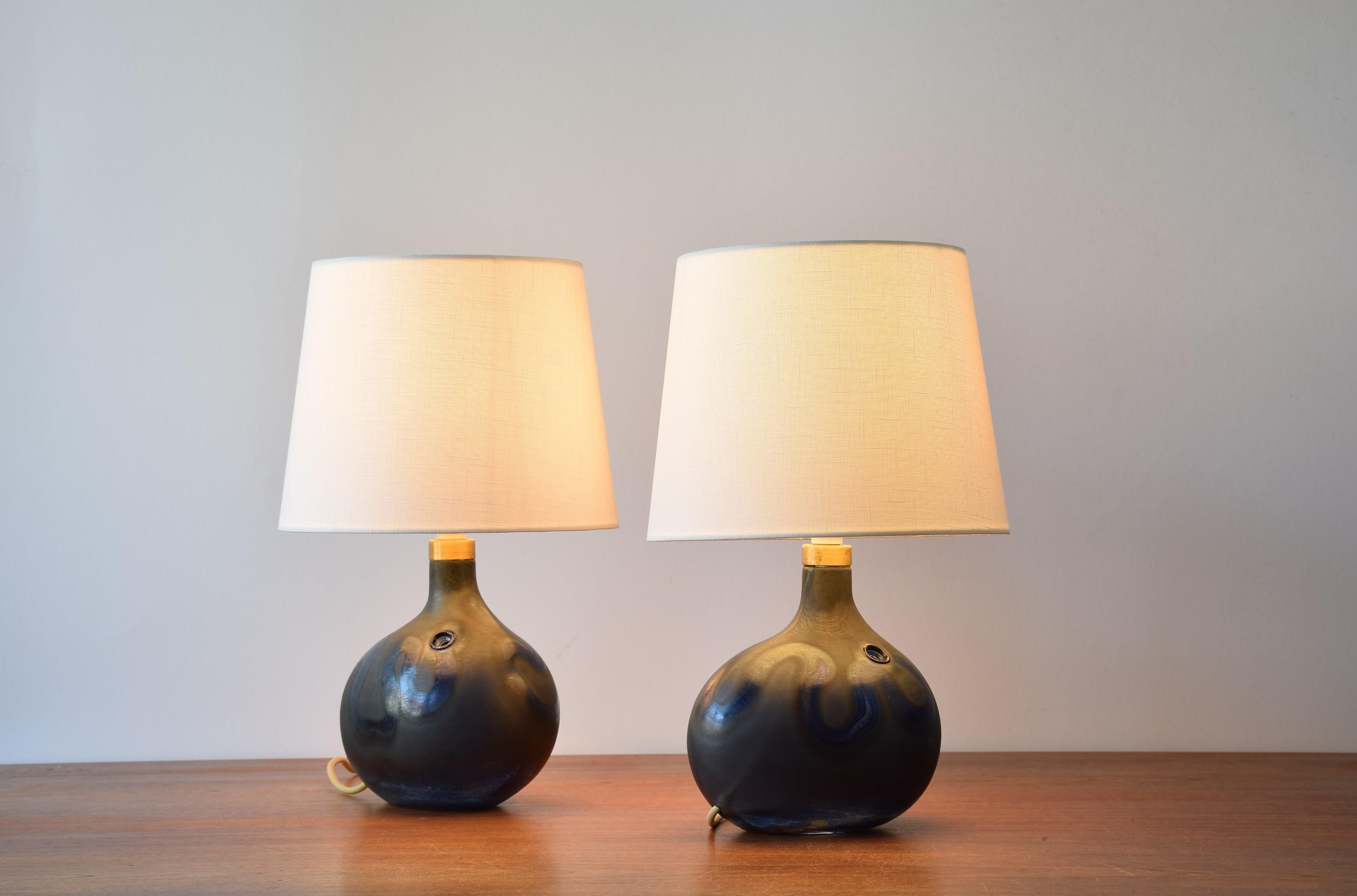 Fabric Michael Bang for Holmegaard Pair of Dark Blue Sculptural Glass Table Lamps 1970s