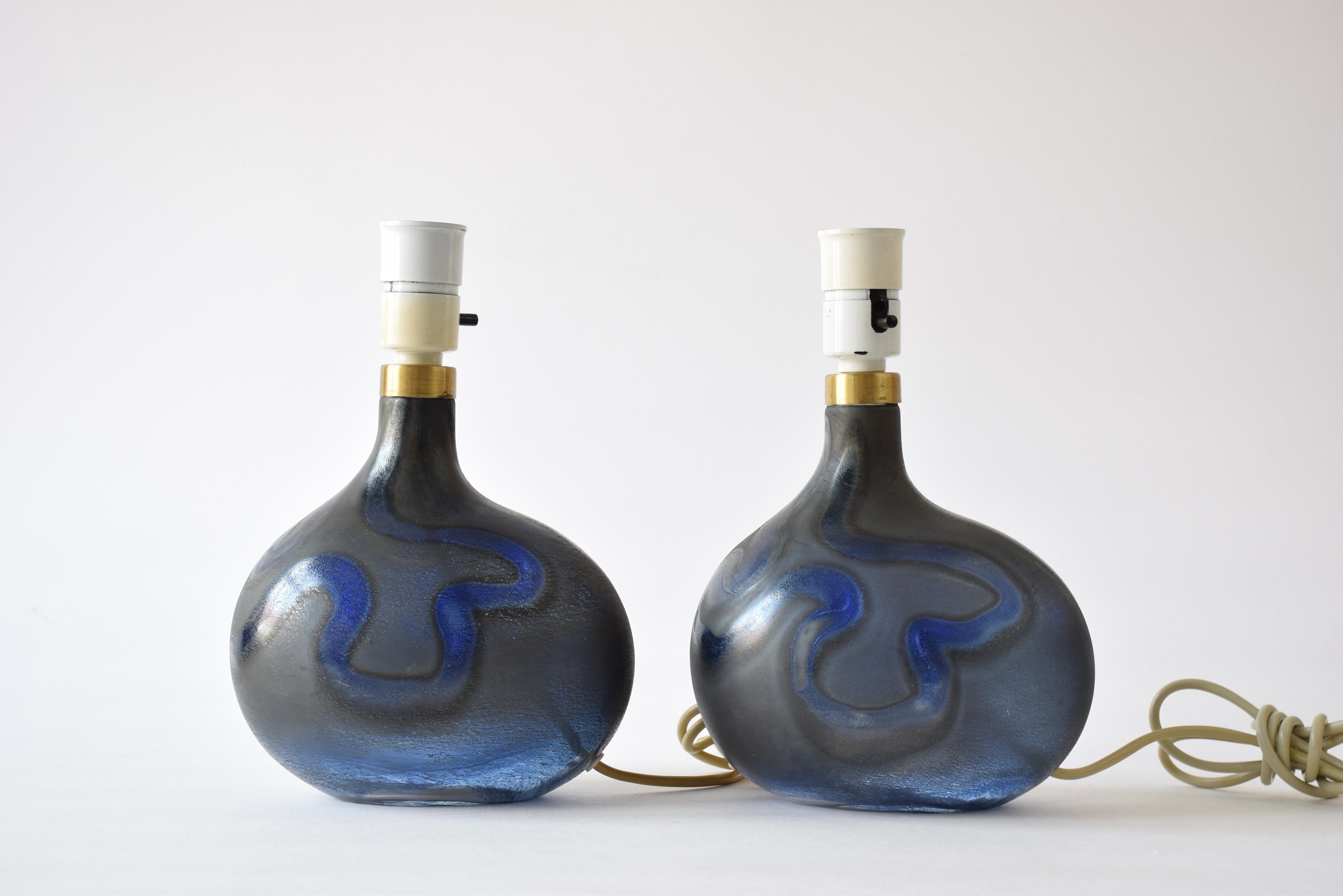 Michael Bang for Holmegaard Pair of Dark Blue Sculptural Glass Table Lamps 1970s 1