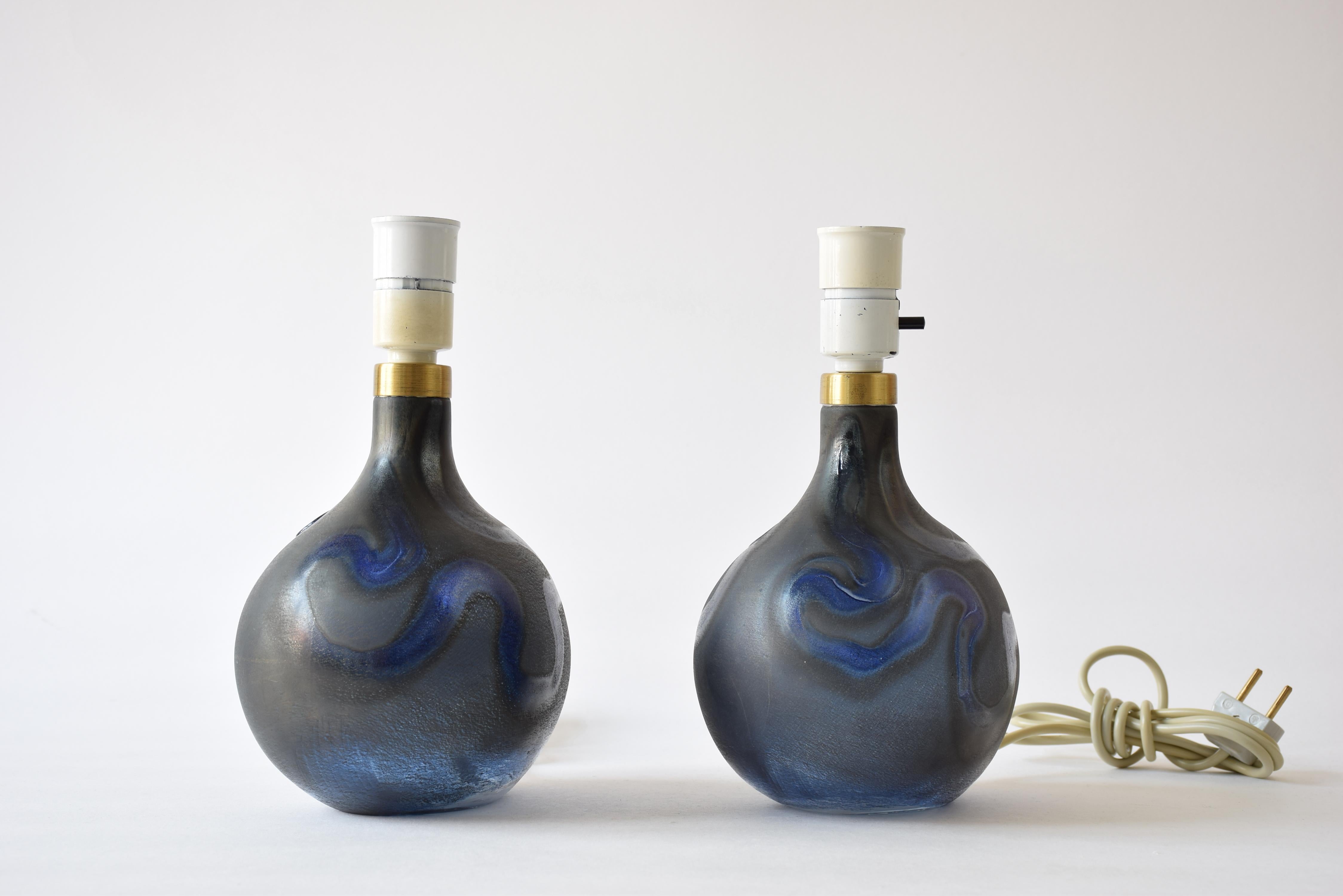 Michael Bang for Holmegaard Pair of Dark Blue Sculptural Glass Table Lamps 1970s 2