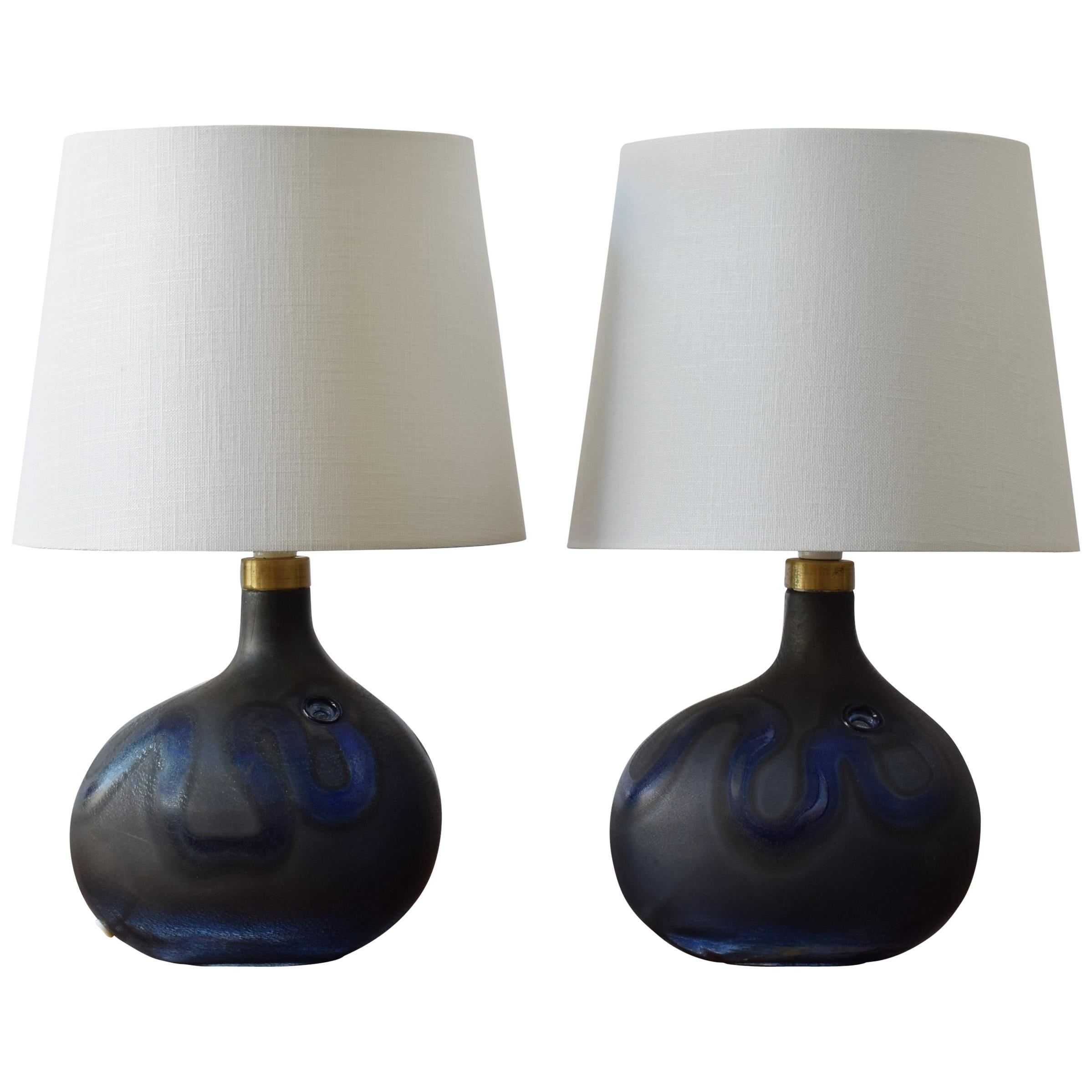 Michael Bang for Holmegaard Pair of Dark Blue Sculptural Glass Table Lamps 1970s