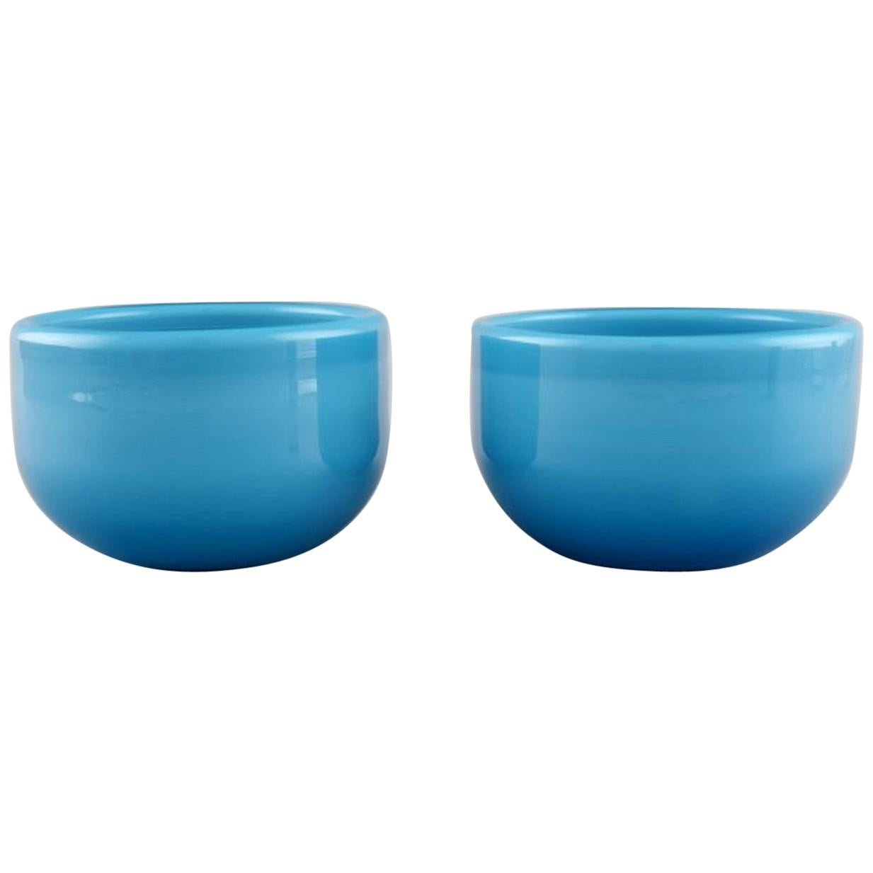 Michael Bang for Holmegaard. Two Palet Bowls in Light Blue Mouth Blown Art Glass