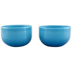 Vintage Michael Bang for Holmegaard. Two Palet Bowls in Light Blue Mouth Blown Art Glass